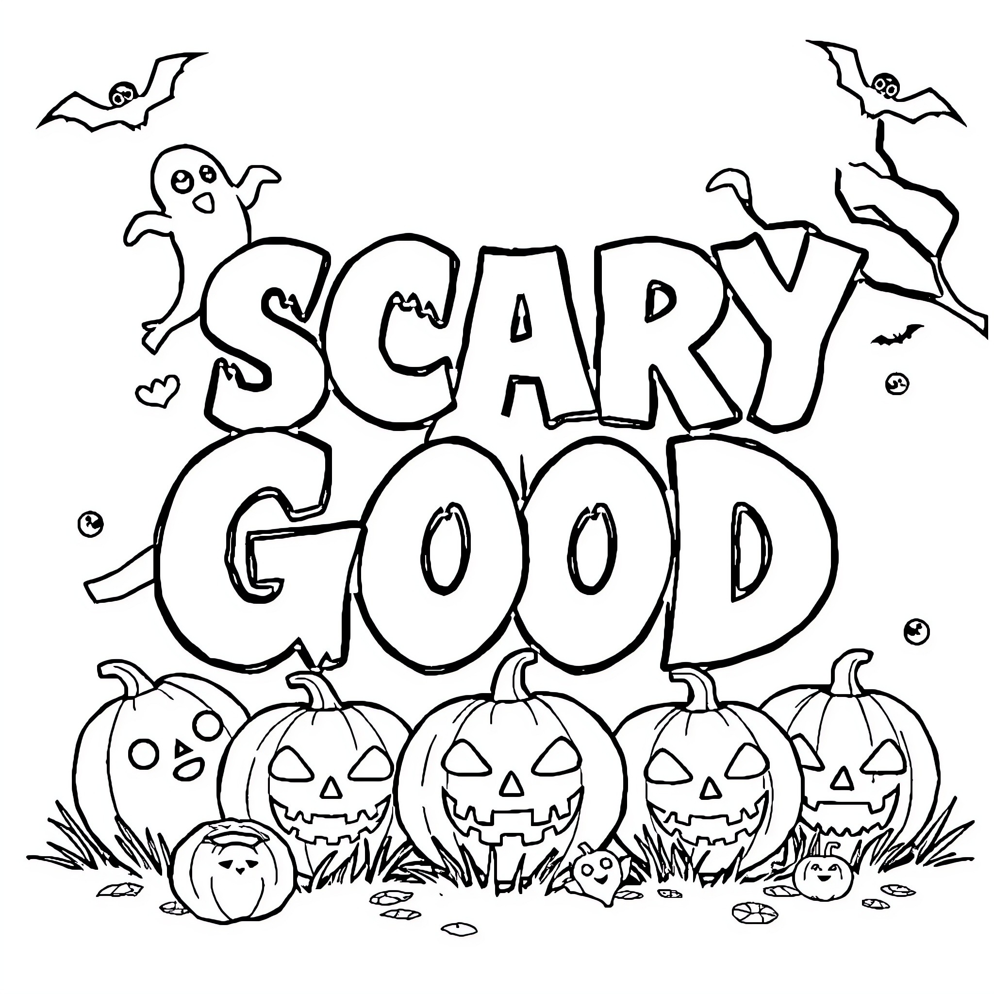 Halloween scene with spooky decorations and ghosts Coloring Page (free black-and-white line drawing printable PDF for all, from beginners to advanced learners, including children, teens, adults, and seniors)