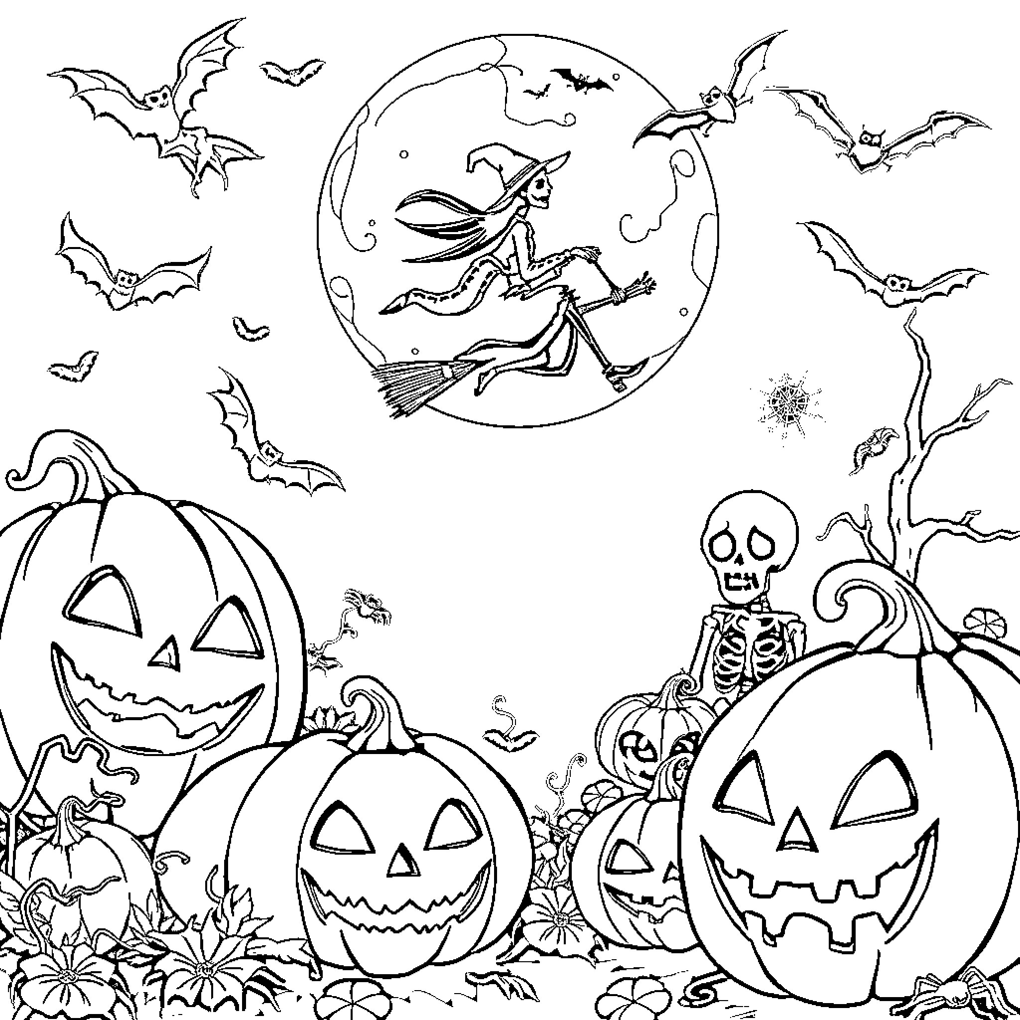 Halloween spooky night with pumpkins and bats Coloring Page (free black-and-white line drawing printable PDF for all, from beginners to advanced learners, including children, teens, adults, and seniors)