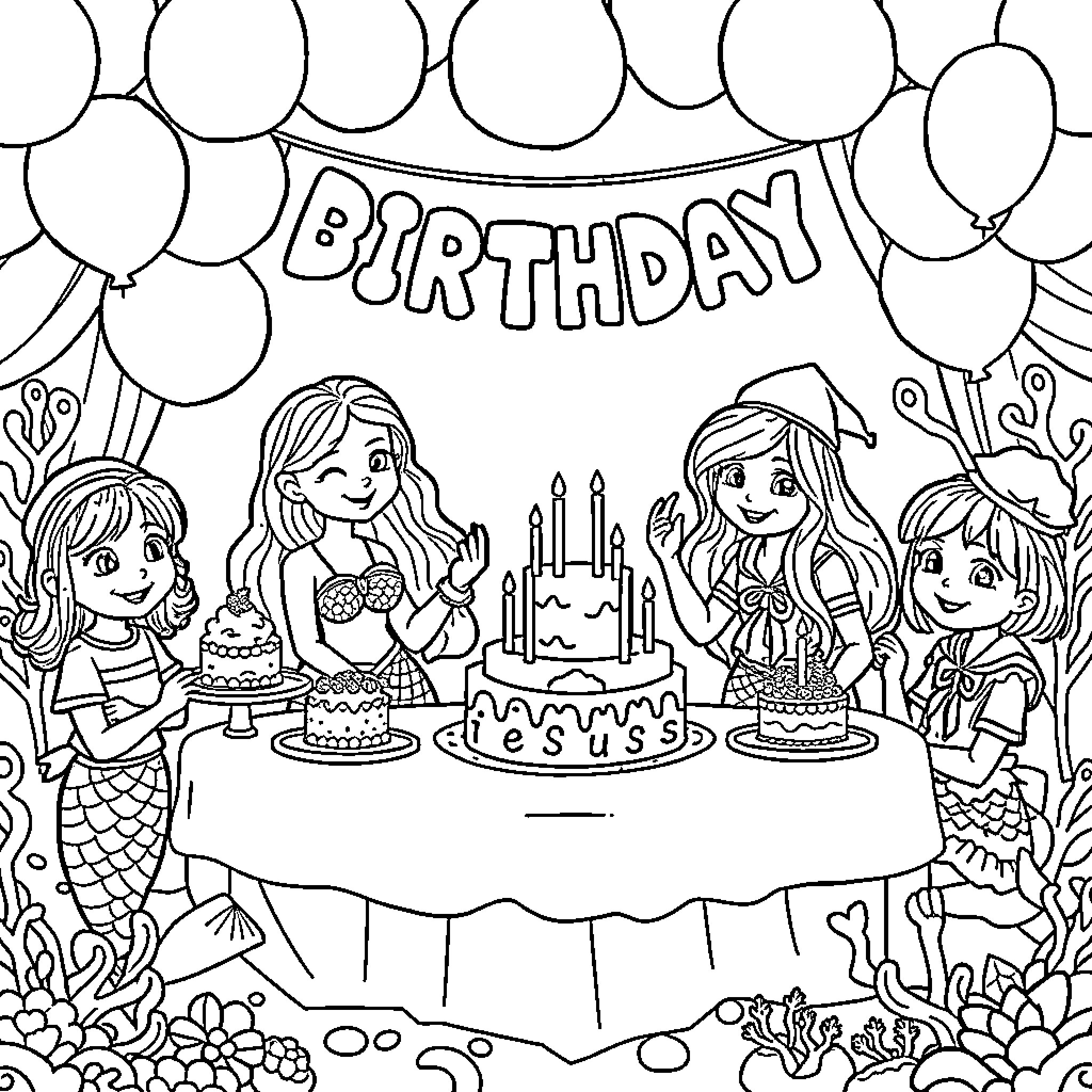 Mermaid friends celebrating a birthday party Coloring Page (free black-and-white line drawing printable PDF for all, from beginners to advanced learners, including children, teens, adults, and seniors)