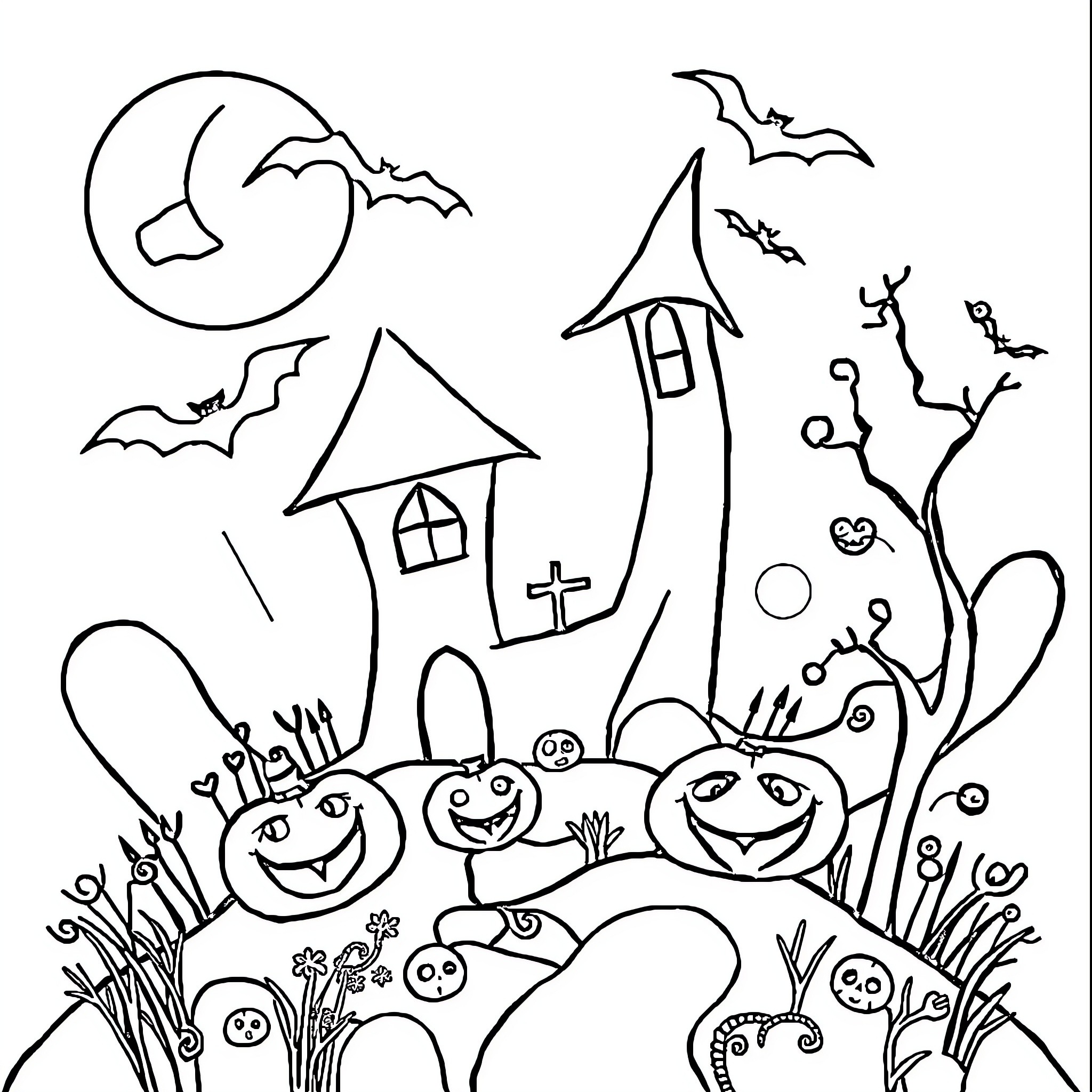 Halloween Spooky House with Smiling Creatures Coloring Page (free black-and-white line drawing printable PDF for all, from beginners to advanced learners, including children, teens, adults, and seniors)