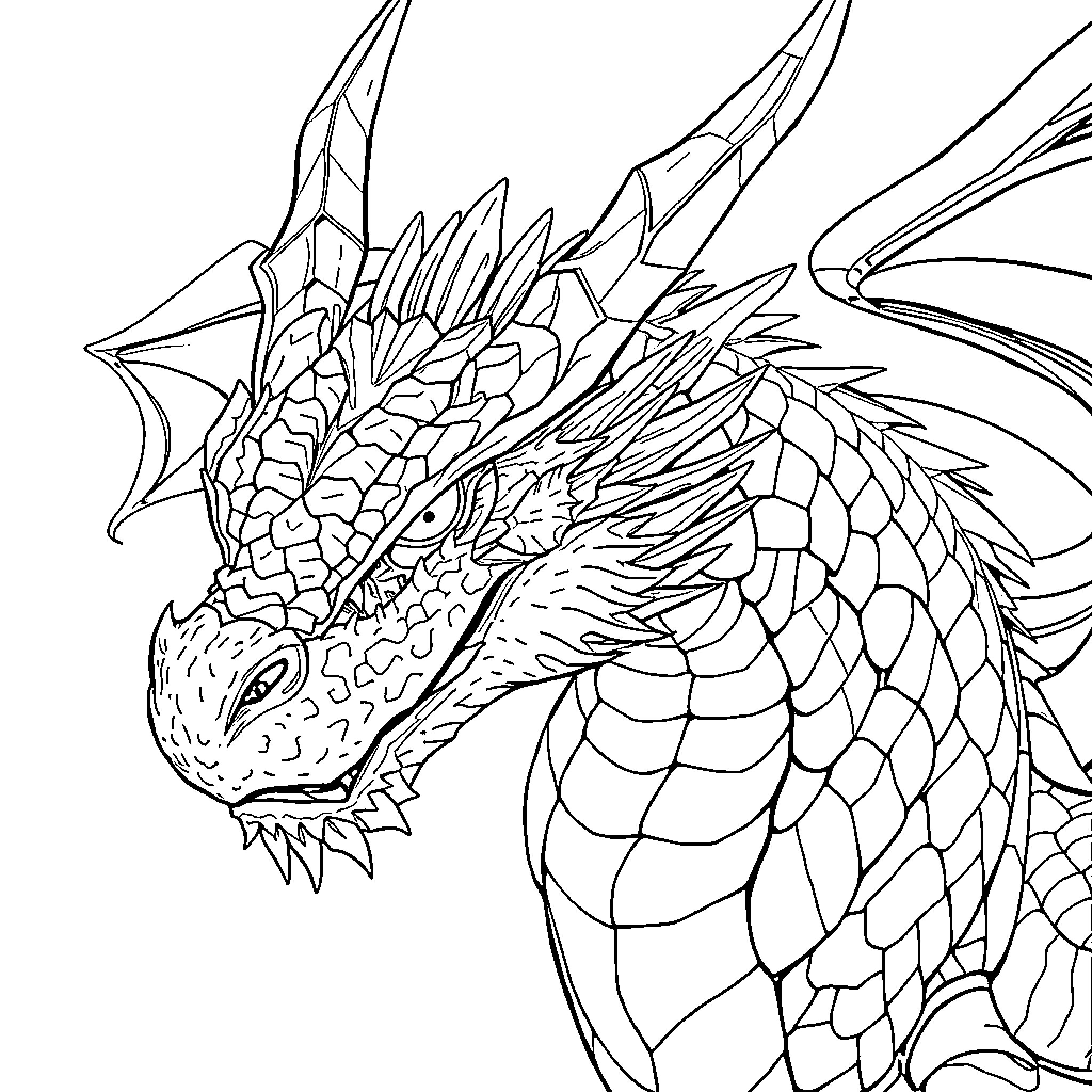 Dragon with intricate scales and fierce expression Coloring Page (free black-and-white line drawing printable PDF for all, from beginners to advanced learners, including children, teens, adults, and seniors)