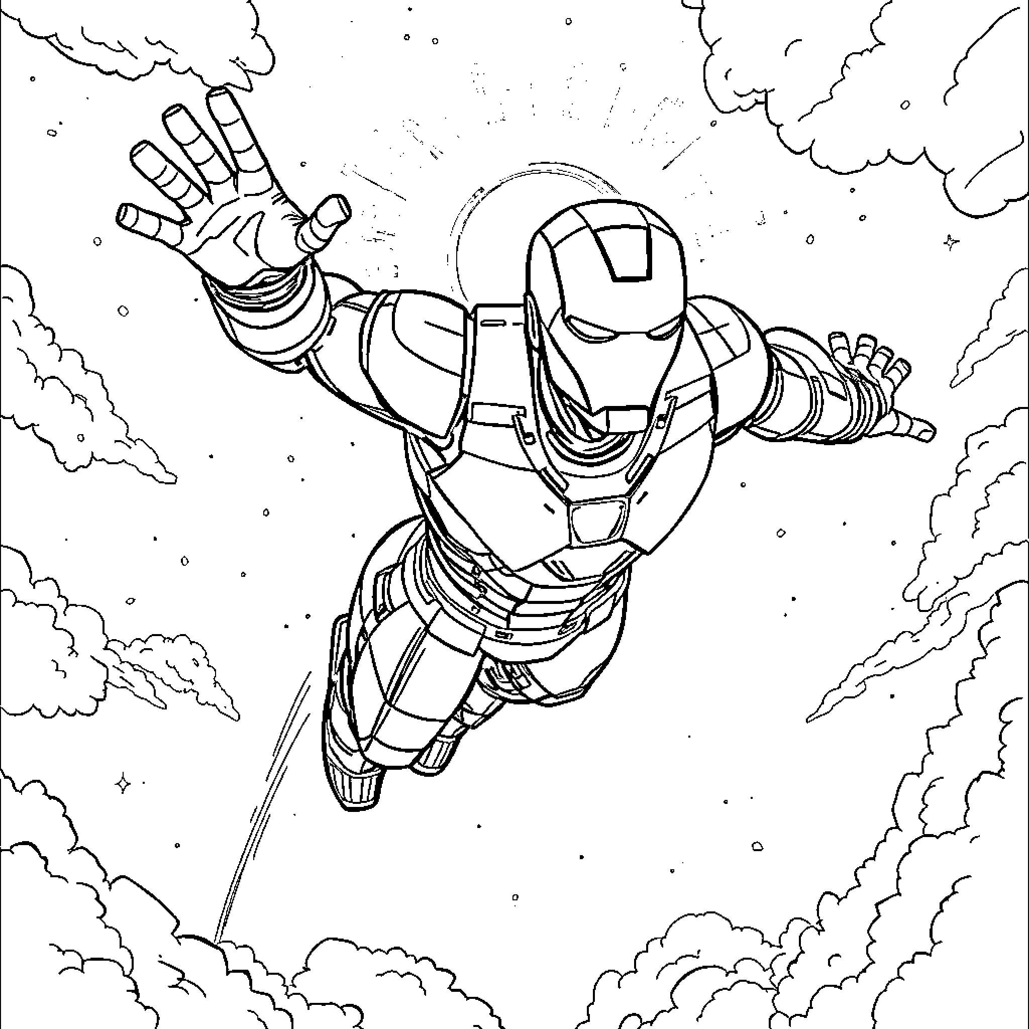 Ironman soaring through the sky in action Coloring Page (free black-and-white line drawing printable PDF for all, from beginners to advanced learners, including children, teens, adults, and seniors)