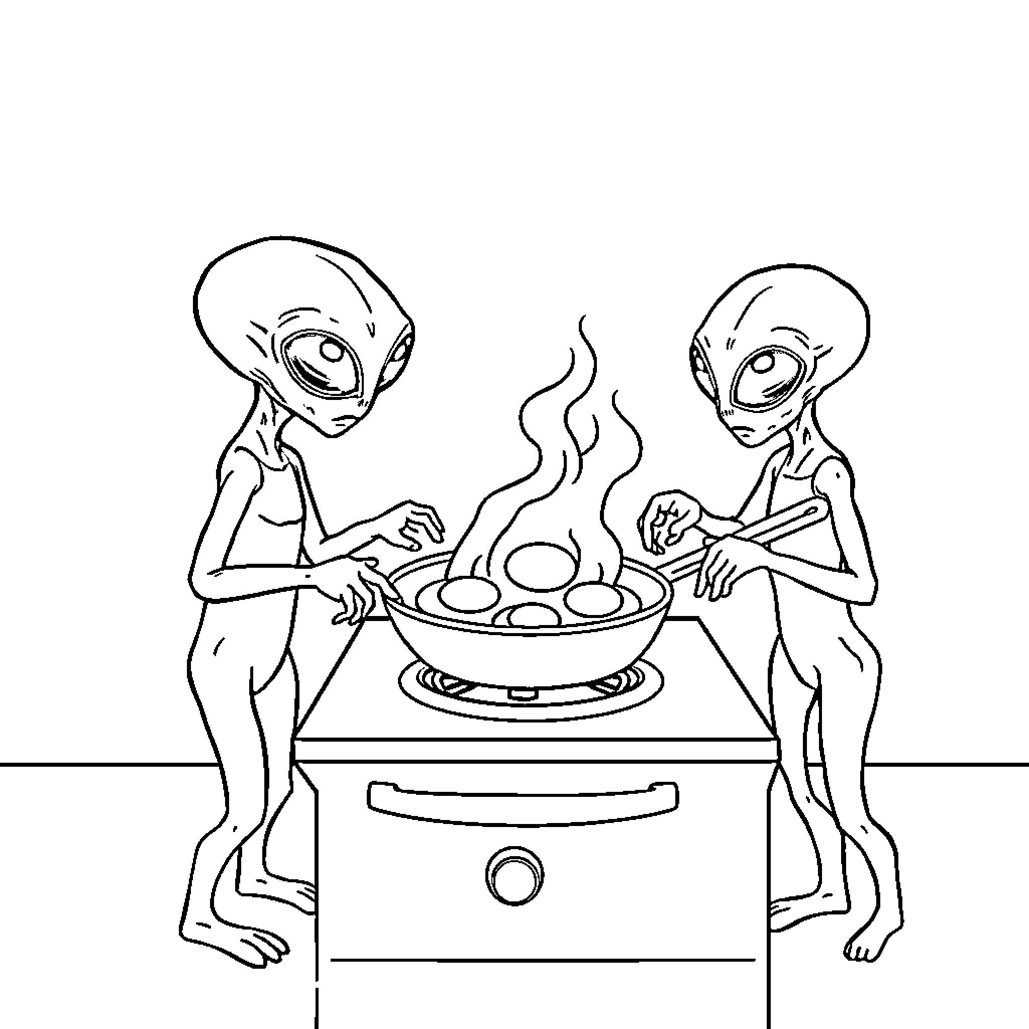 Alien cooking delicious meal together Coloring Page (free black-and-white line drawing printable PDF for all, from beginners to advanced learners, including children, teens, adults, and seniors)