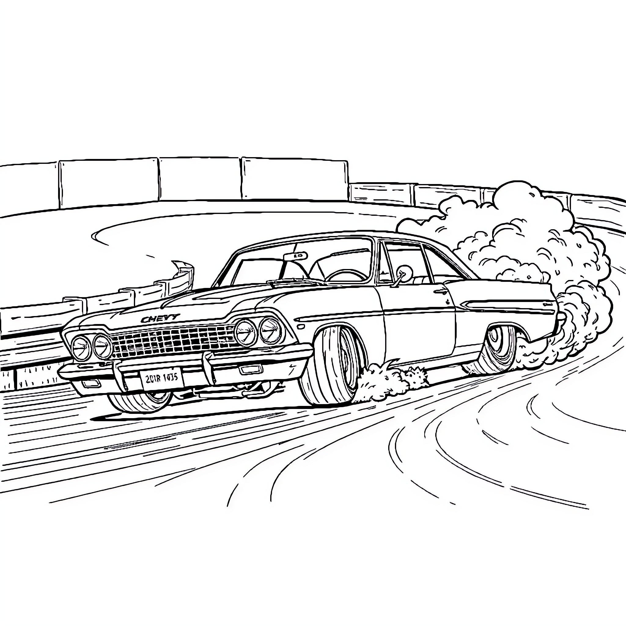 Chevy classic car speeding down the road Coloring Page (free black-and-white line drawing printable PDF for all, from beginners to advanced learners, including children, teens, adults, and seniors)