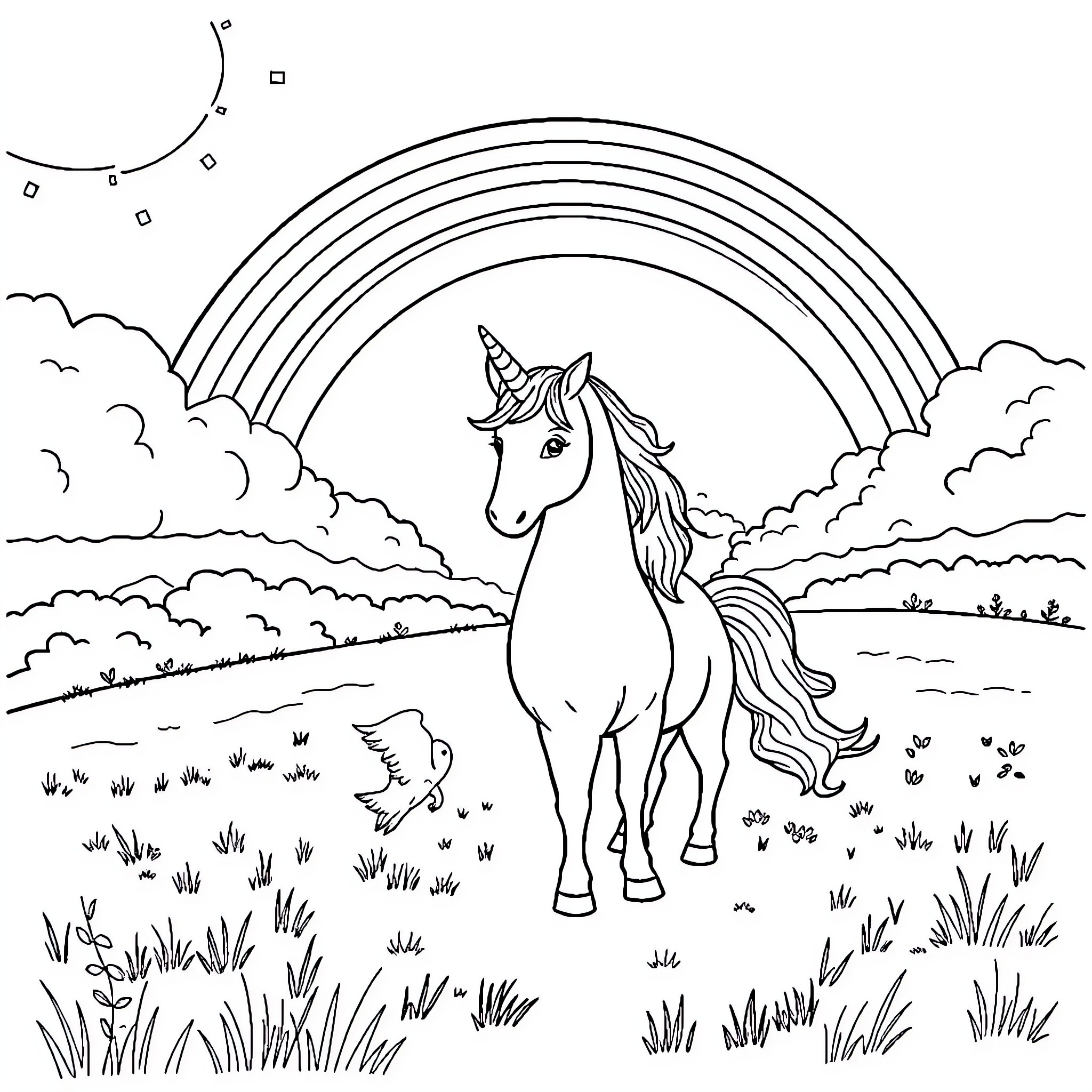Unicorn standing in a magical meadow with a rainbow Coloring Page (free black-and-white line drawing printable PDF for all, from beginners to advanced learners, including children, teens, adults, and seniors)