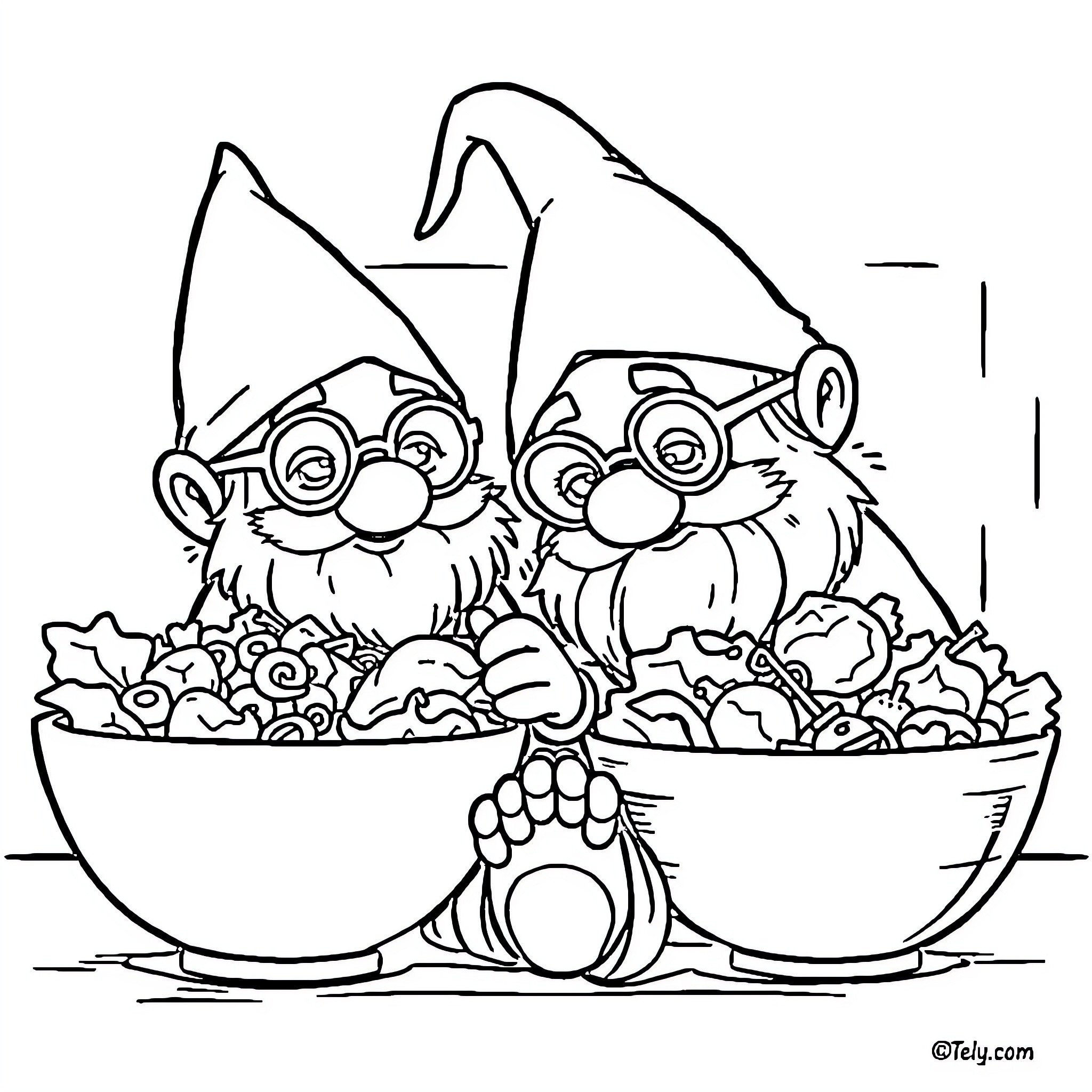 Gnome Friends Enjoying a Bowl of Treats Coloring Page (free black-and-white line drawing printable PDF for all, from beginners to advanced learners, including children, teens, adults, and seniors)