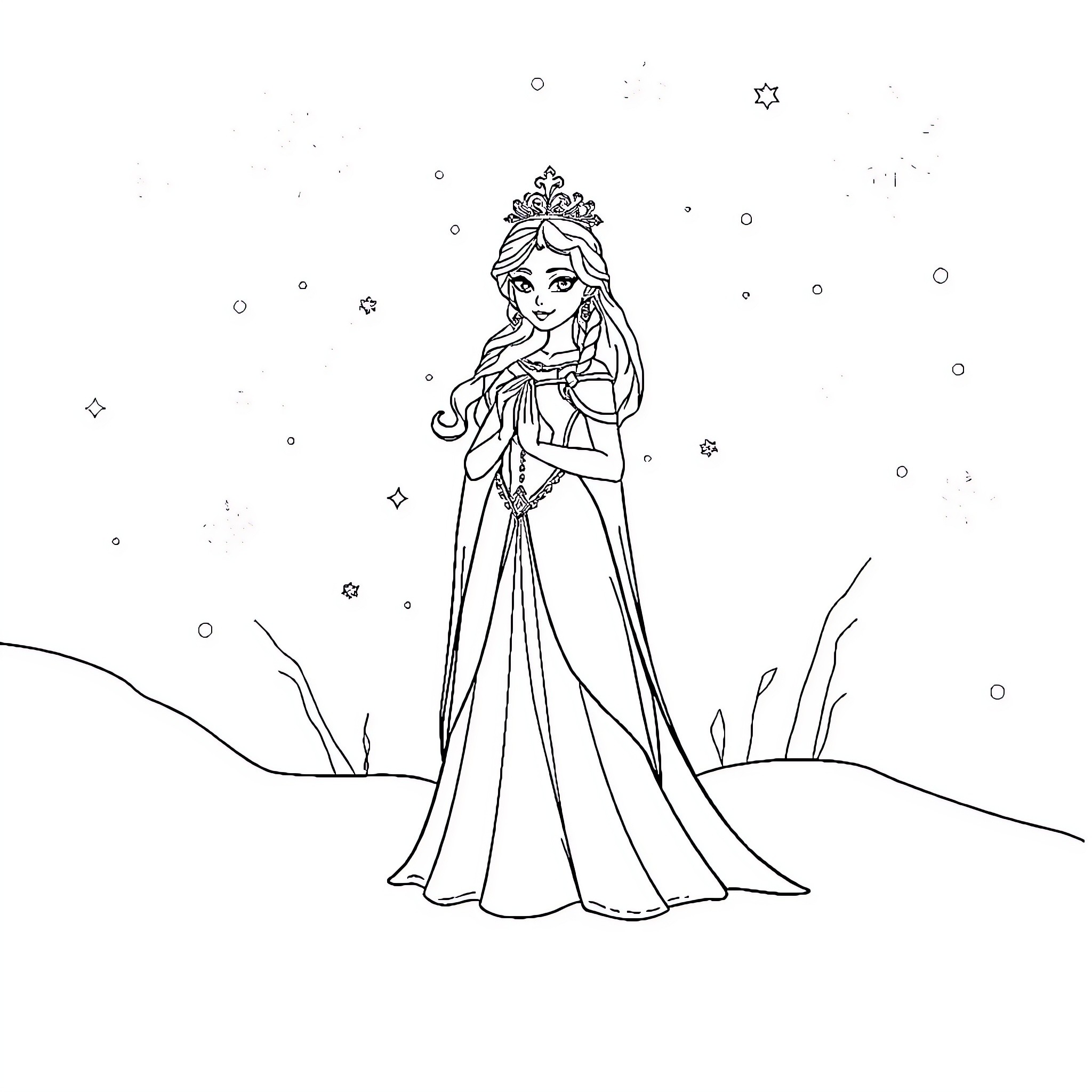 Snow Queen in a Magical Winterscape Coloring Page (free black-and-white line drawing printable PDF for all, from beginners to advanced learners, including children, teens, adults, and seniors)