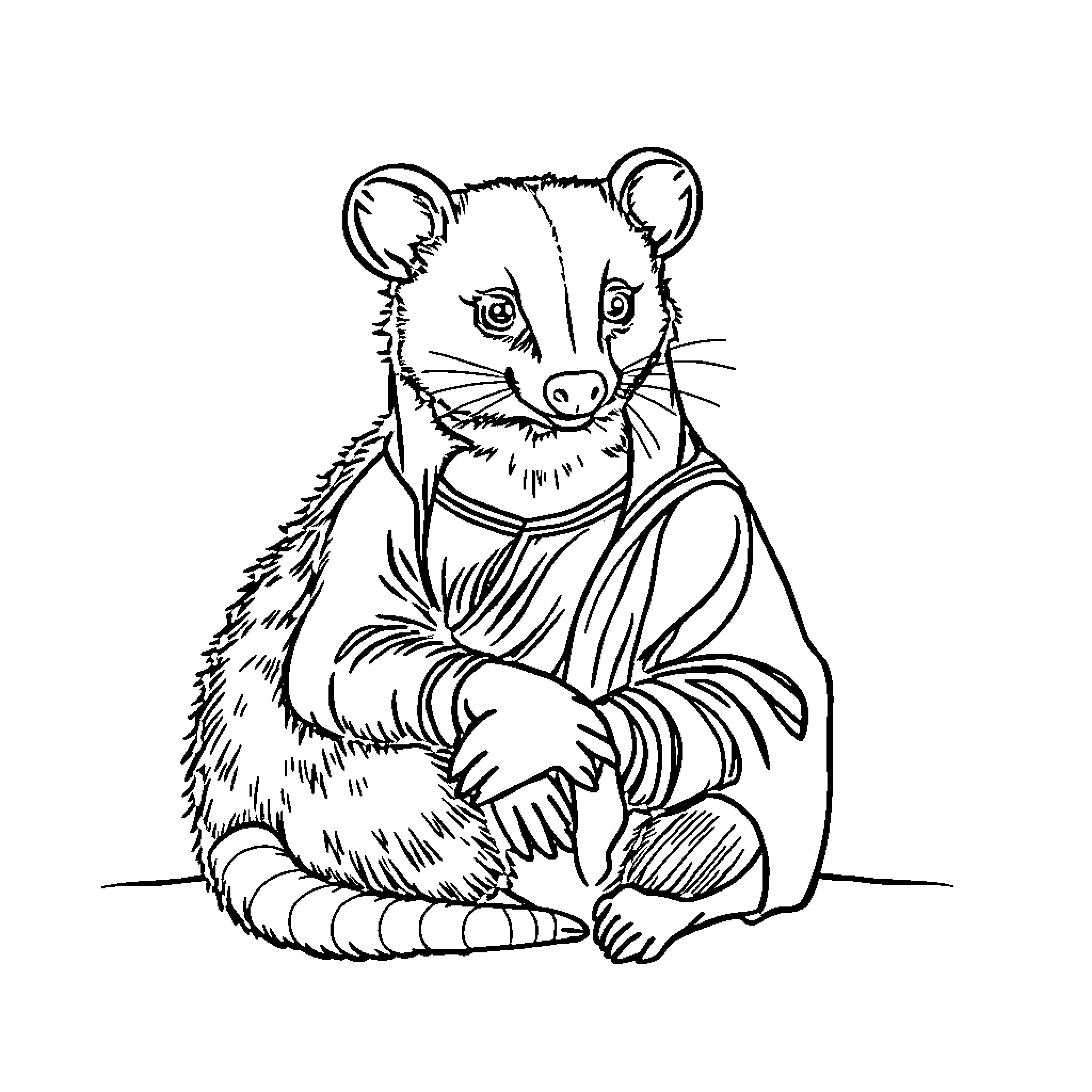 Opossum dressed in traditional clothing Coloring Page (free black-and-white line drawing printable PDF for all, from beginners to advanced learners, including children, teens, adults, and seniors)