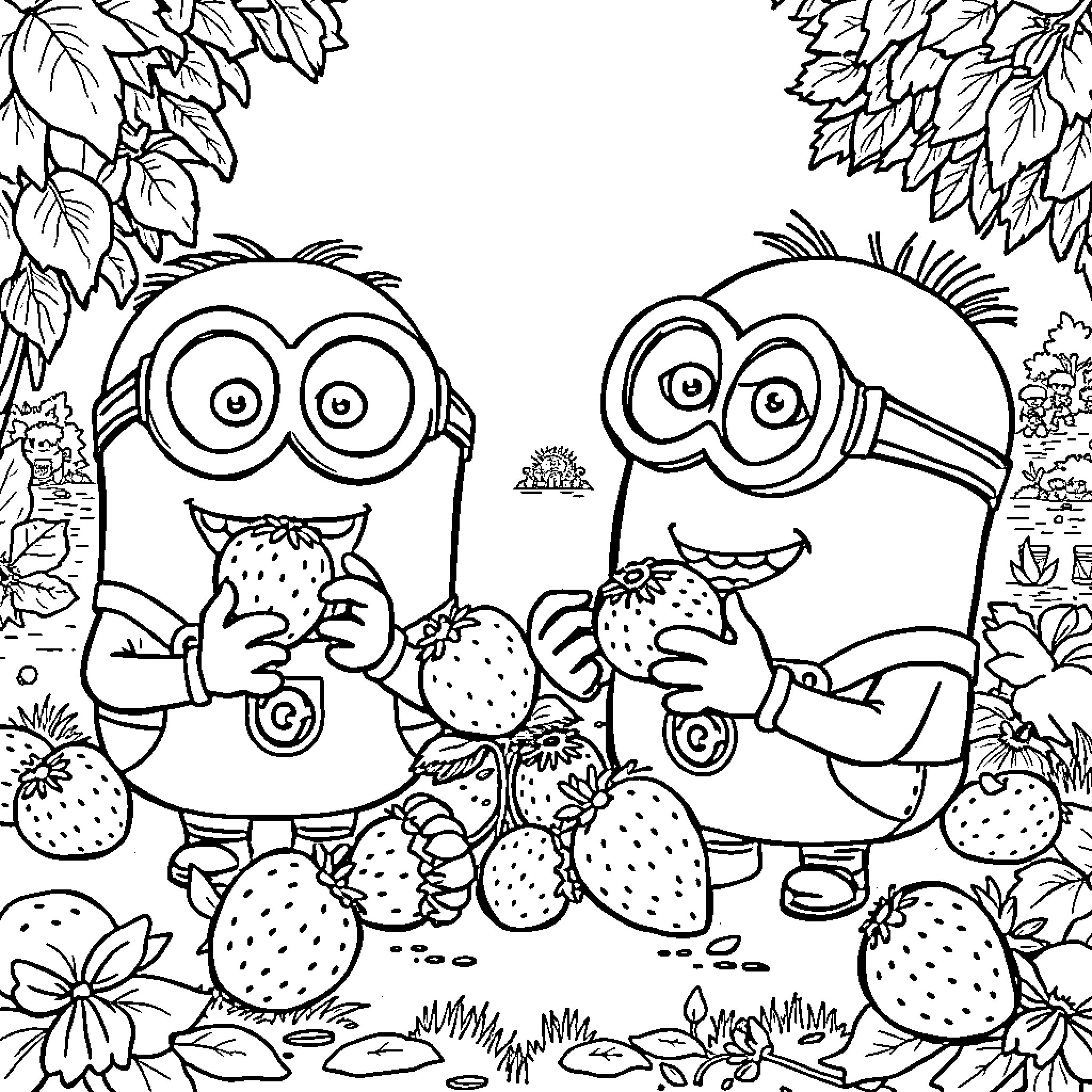 Minions happily eating strawberries in a garden Coloring Page (free black-and-white line drawing printable PDF for all, from beginners to advanced learners, including children, teens, adults, and seniors)