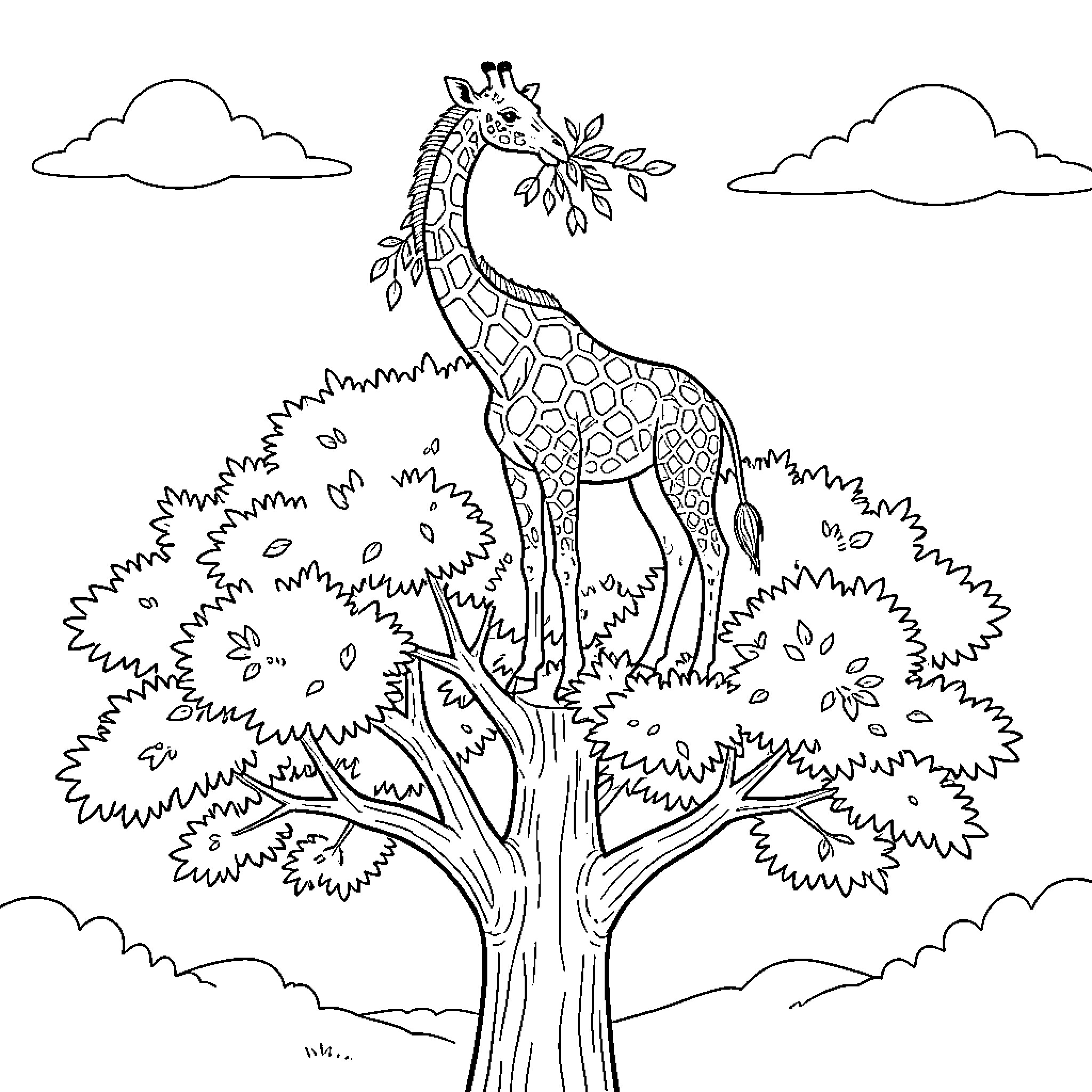 Giraffe perched atop a whimsical tree Coloring Page (free black-and-white line drawing printable PDF for all, from beginners to advanced learners, including children, teens, adults, and seniors)