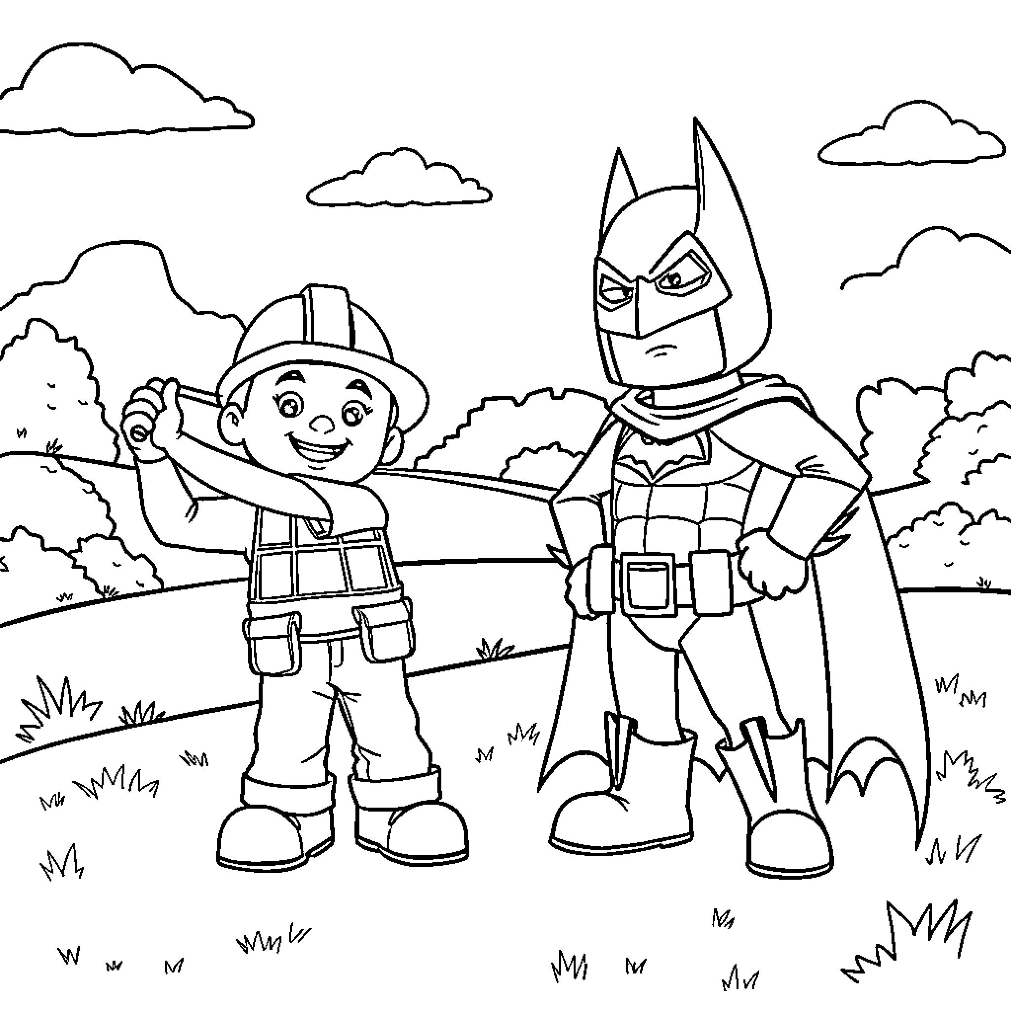 Bob the Builder and Batman on an adventure Coloring Page (free black-and-white line drawing printable PDF for all, from beginners to advanced learners, including children, teens, adults, and seniors)