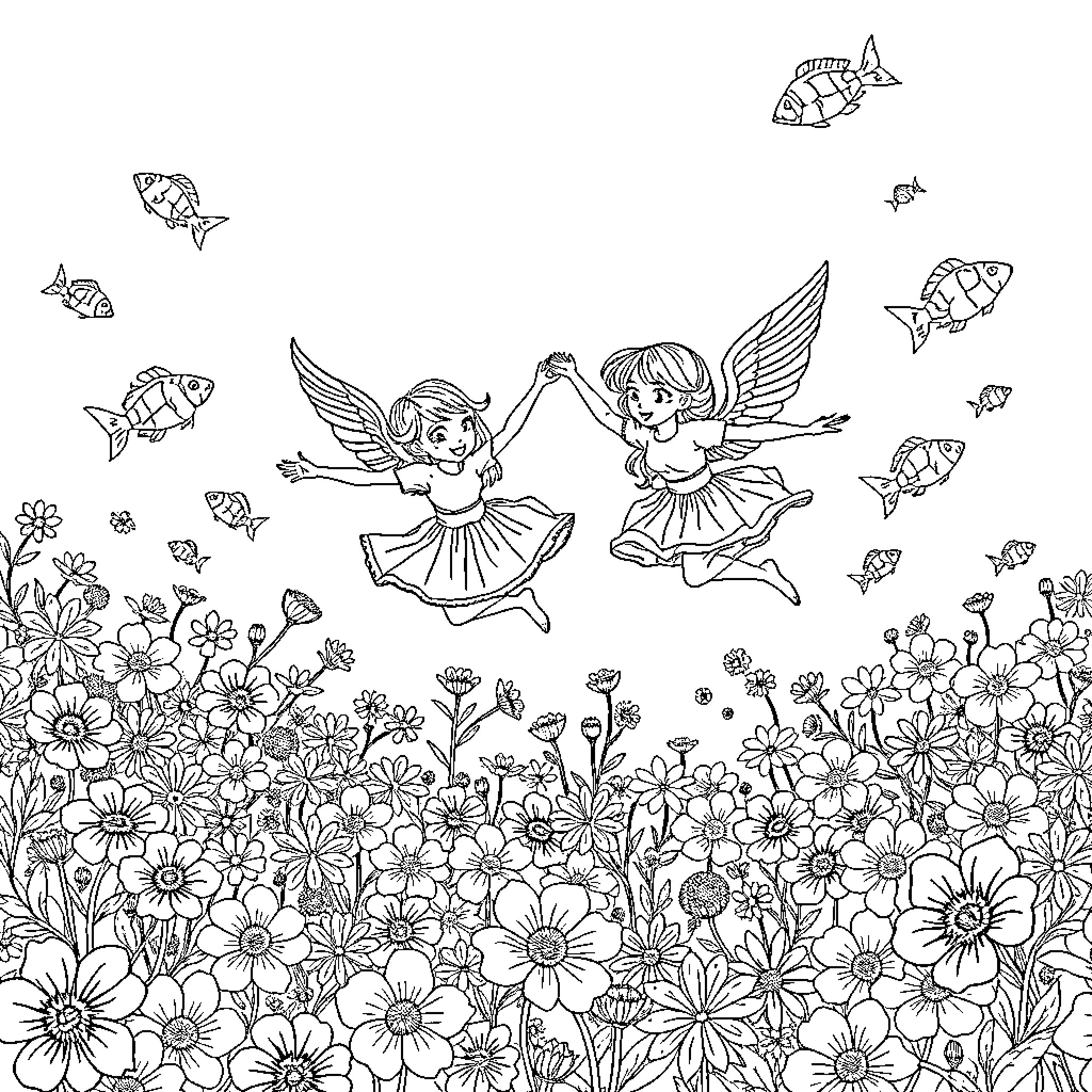 Girl fairies dancing among flowers and fish Coloring Page (free black-and-white line drawing printable PDF for all, from beginners to advanced learners, including children, teens, adults, and seniors)