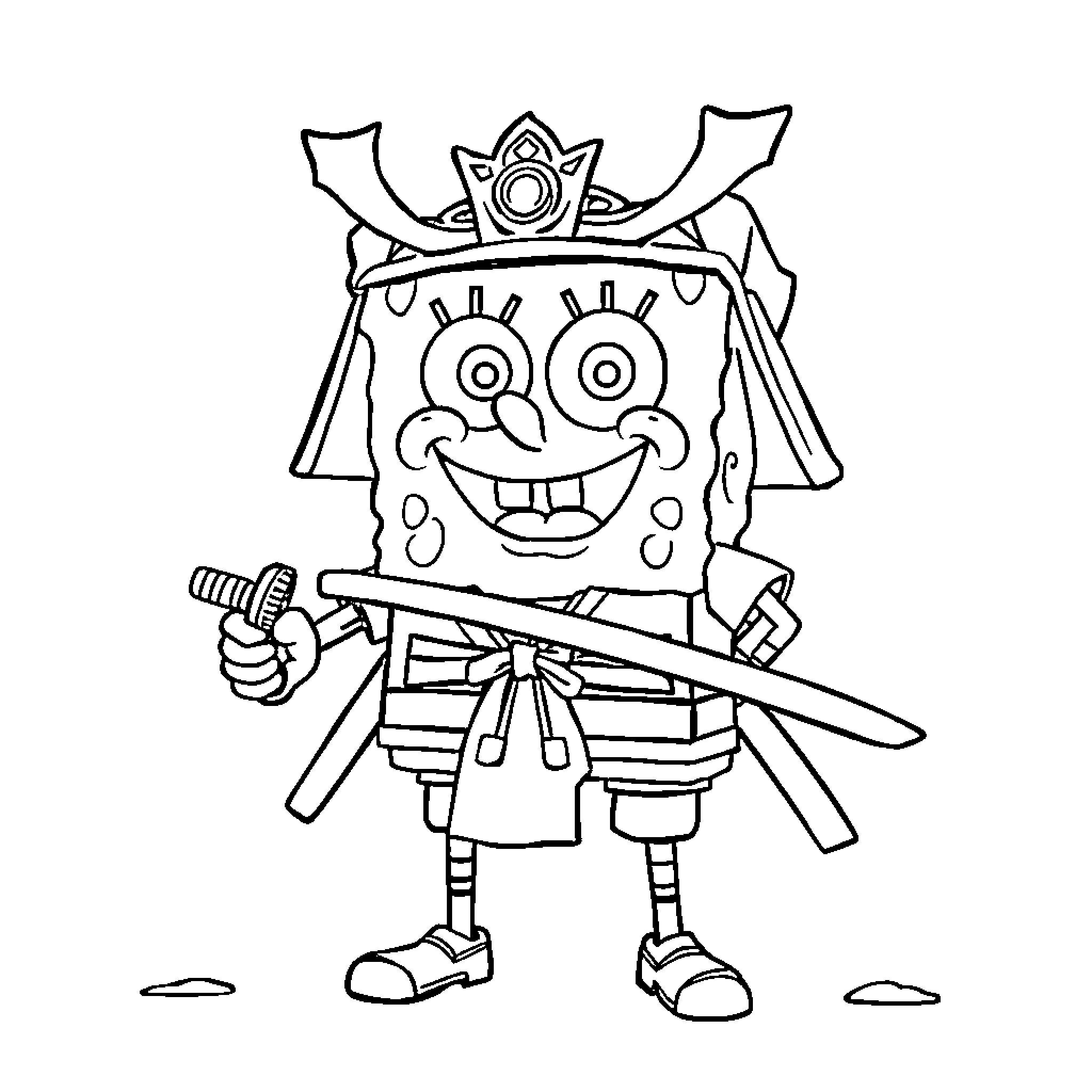 Spongebob dressed as a warrior with a sword Coloring Page (free black-and-white line drawing printable PDF for all, from beginners to advanced learners, including children, teens, adults, and seniors)
