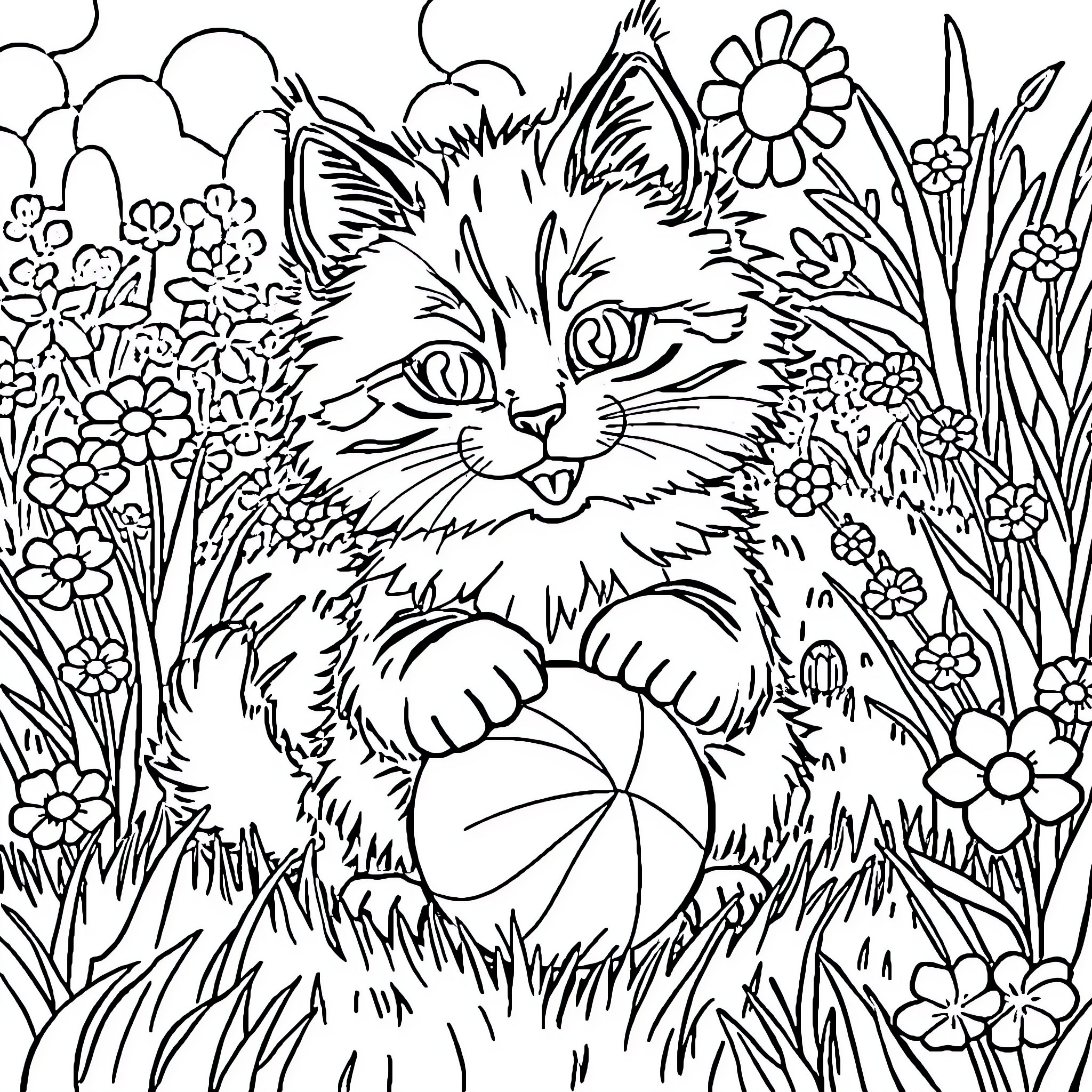 Cat in a Flowery Garden Coloring Page (free black-and-white line drawing printable PDF for all, from beginners to advanced learners, including children, teens, adults, and seniors)