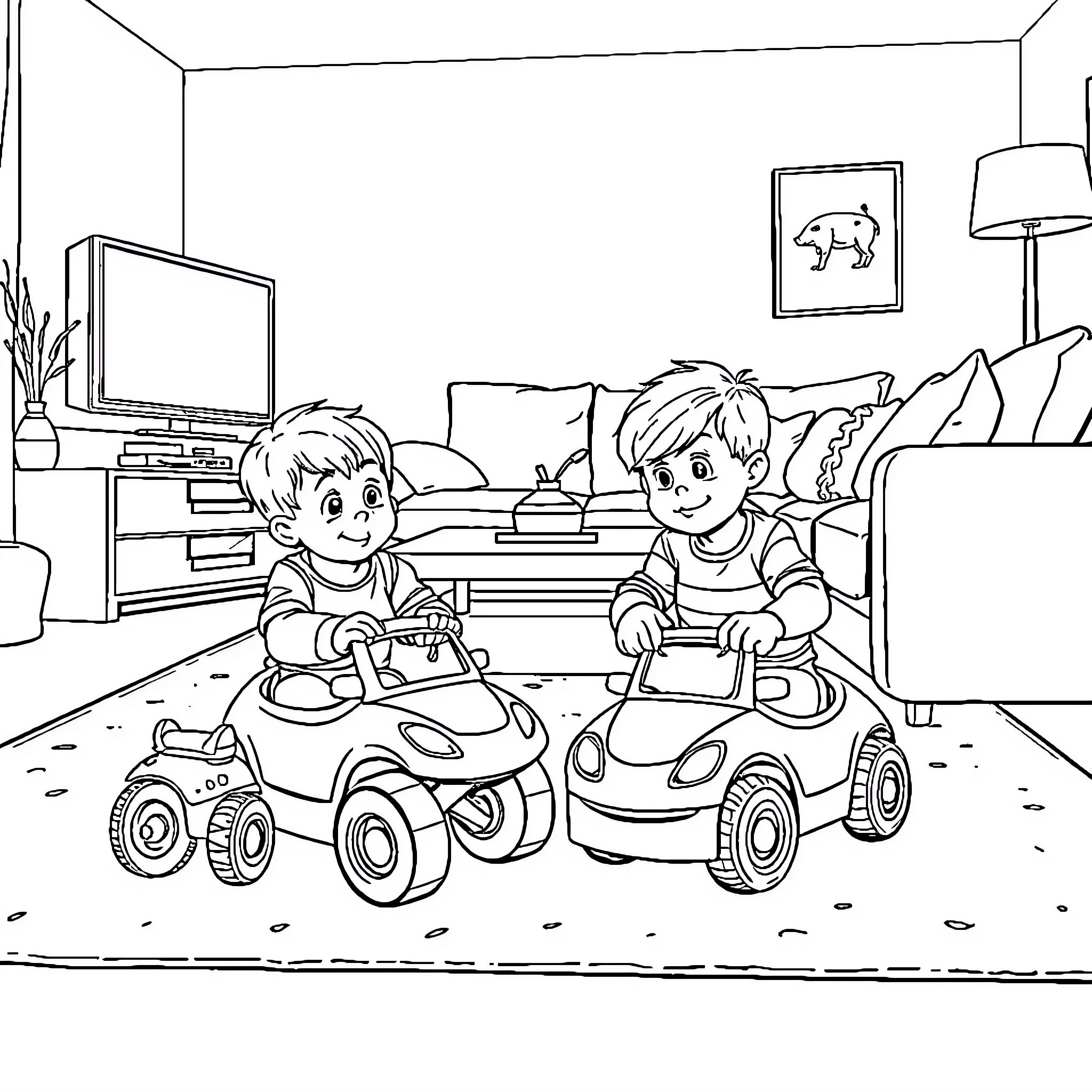 Frères jouant avec des voitures jouets dans le salon Coloring Page (free black-and-white line drawing printable PDF for all, from beginners to advanced learners, including children, teens, adults, and seniors)