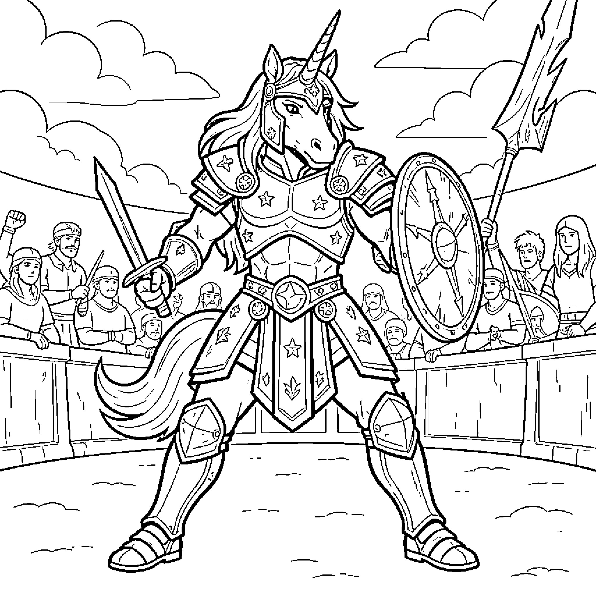 Unicorn warrior preparing for battle in a coliseum Coloring Page (free black-and-white line drawing printable PDF for all, from beginners to advanced learners, including children, teens, adults, and seniors)