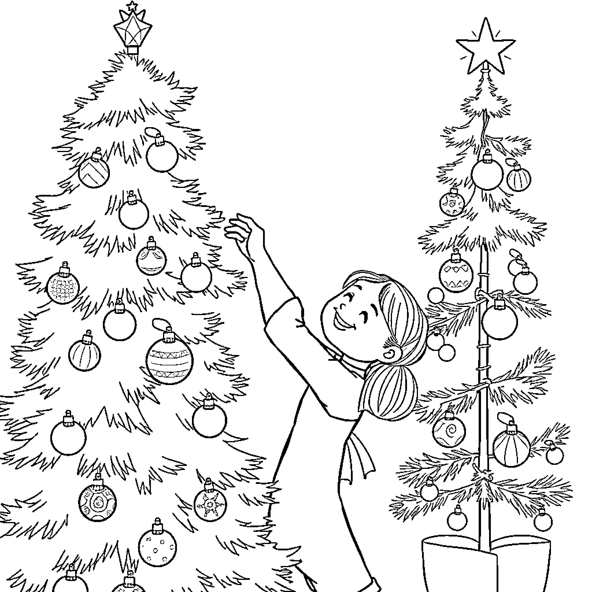 Girl decorating Christmas trees Coloring Page (free black-and-white line drawing printable PDF for all, from beginners to advanced learners, including children, teens, adults, and seniors)