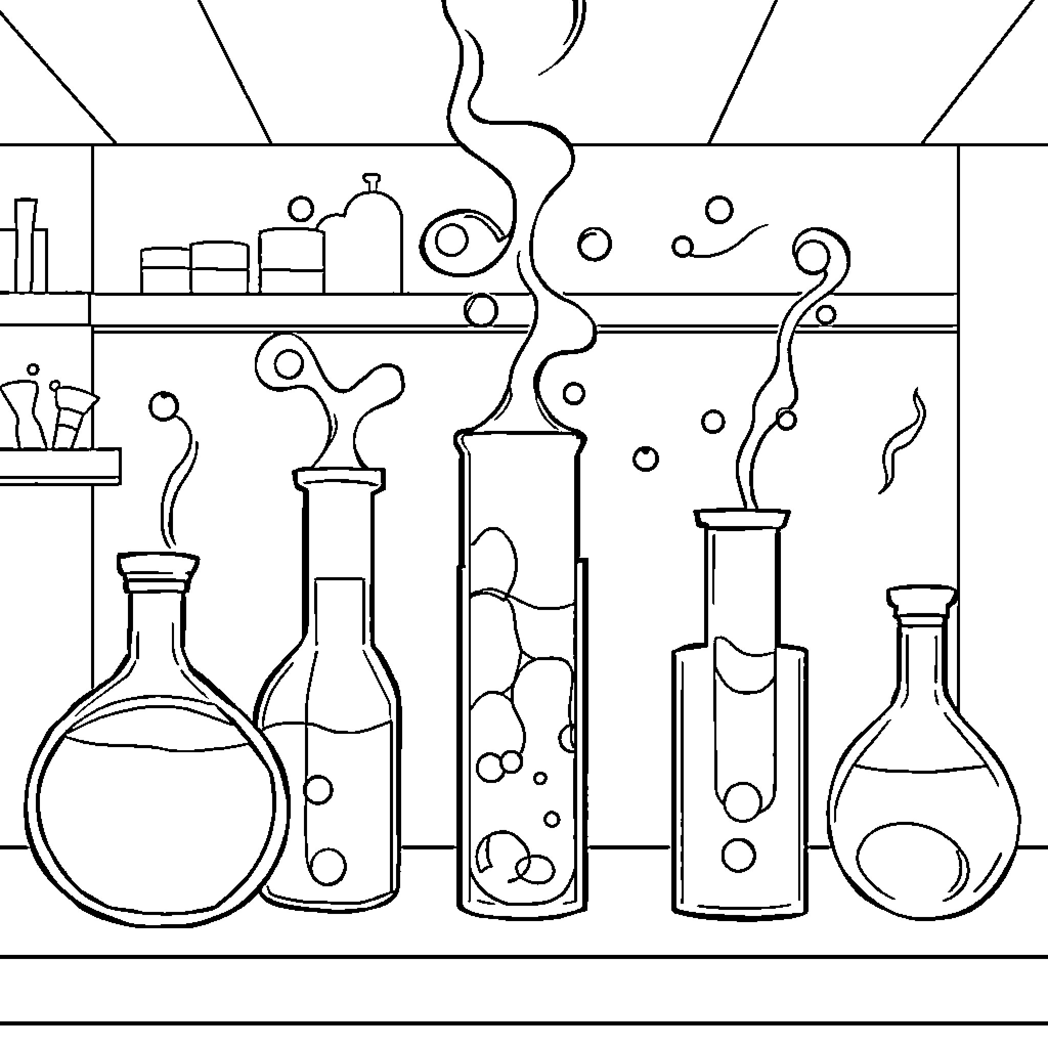Chemistry Lab Equipment in Action Coloring Page (free black-and-white line drawing printable PDF for all, from beginners to advanced learners, including children, teens, adults, and seniors)