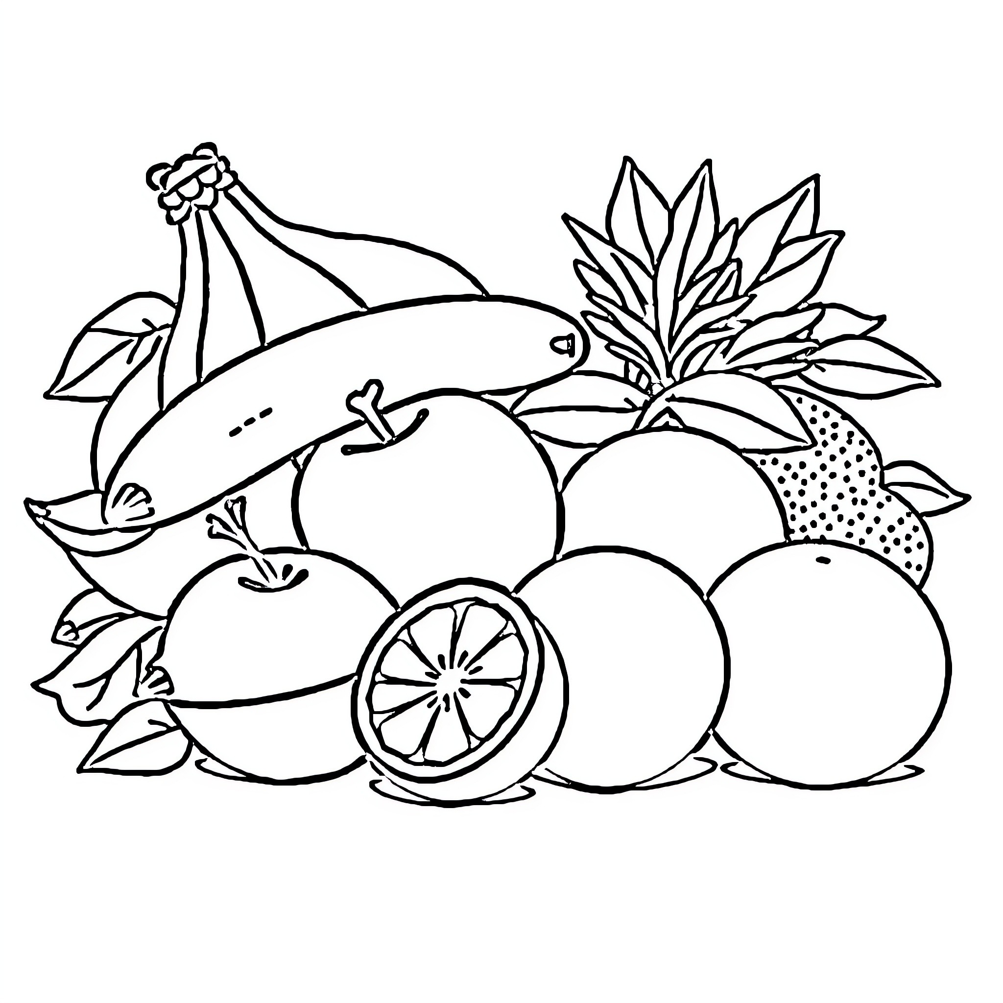 Fruit basket with assorted fruits Coloring Page (free black-and-white line drawing printable PDF for all, from beginners to advanced learners, including children, teens, adults, and seniors)