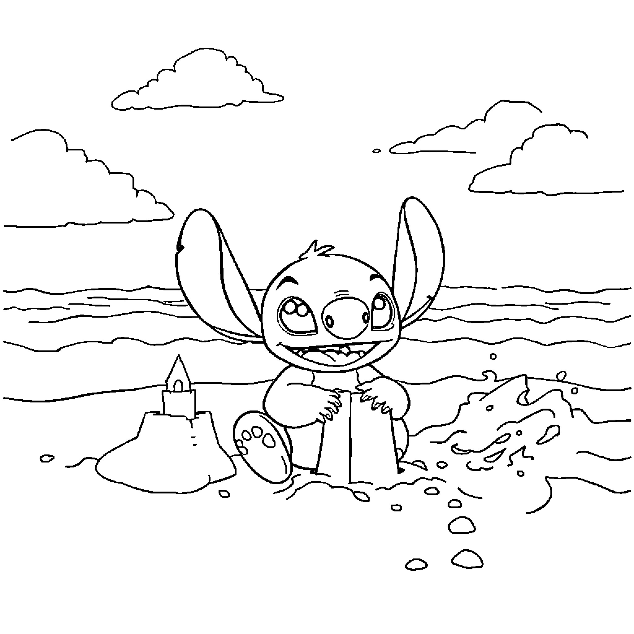Stitch playing happily on the beach Coloring Page (free black-and-white line drawing printable PDF for all, from beginners to advanced learners, including children, teens, adults, and seniors)
