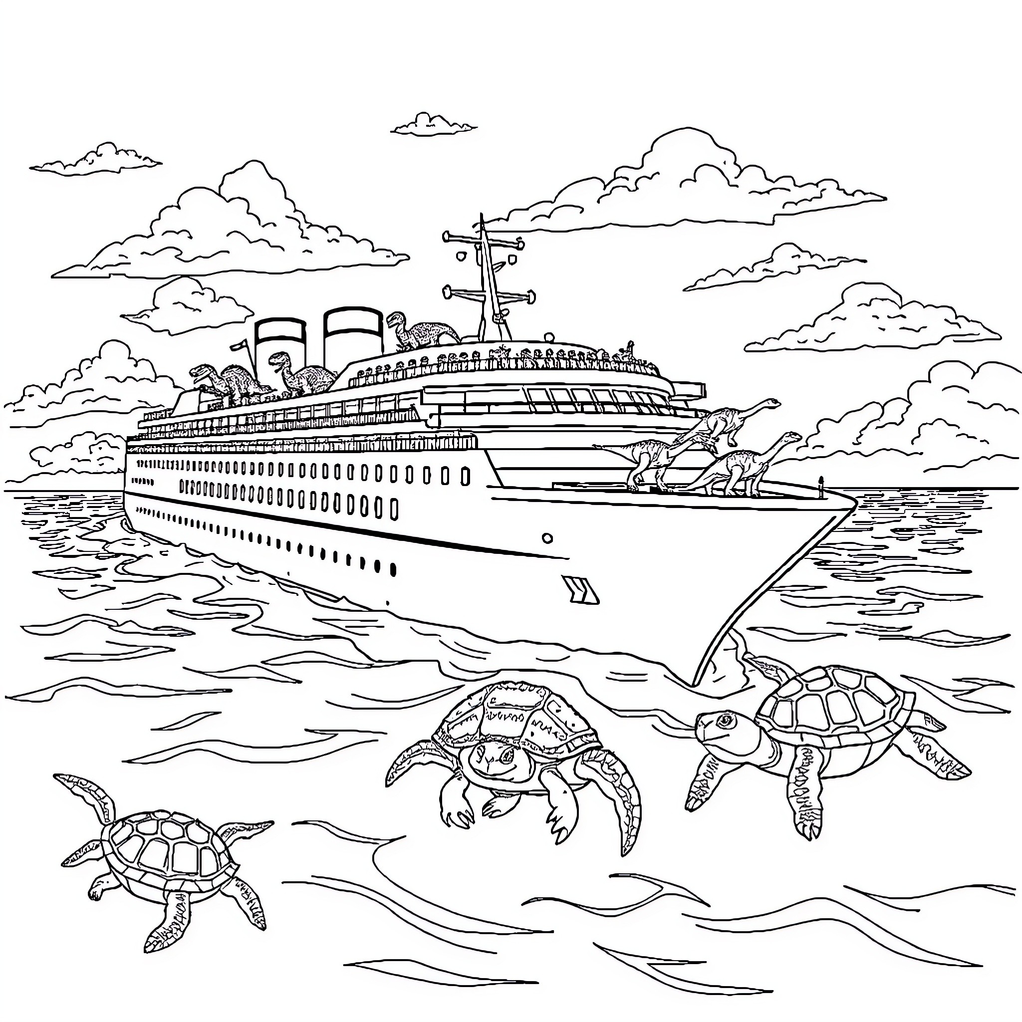 Cruise Ship at Sea with Marine Wildlife Coloring Page (free black-and-white line drawing printable PDF for all, from beginners to advanced learners, including children, teens, adults, and seniors)
