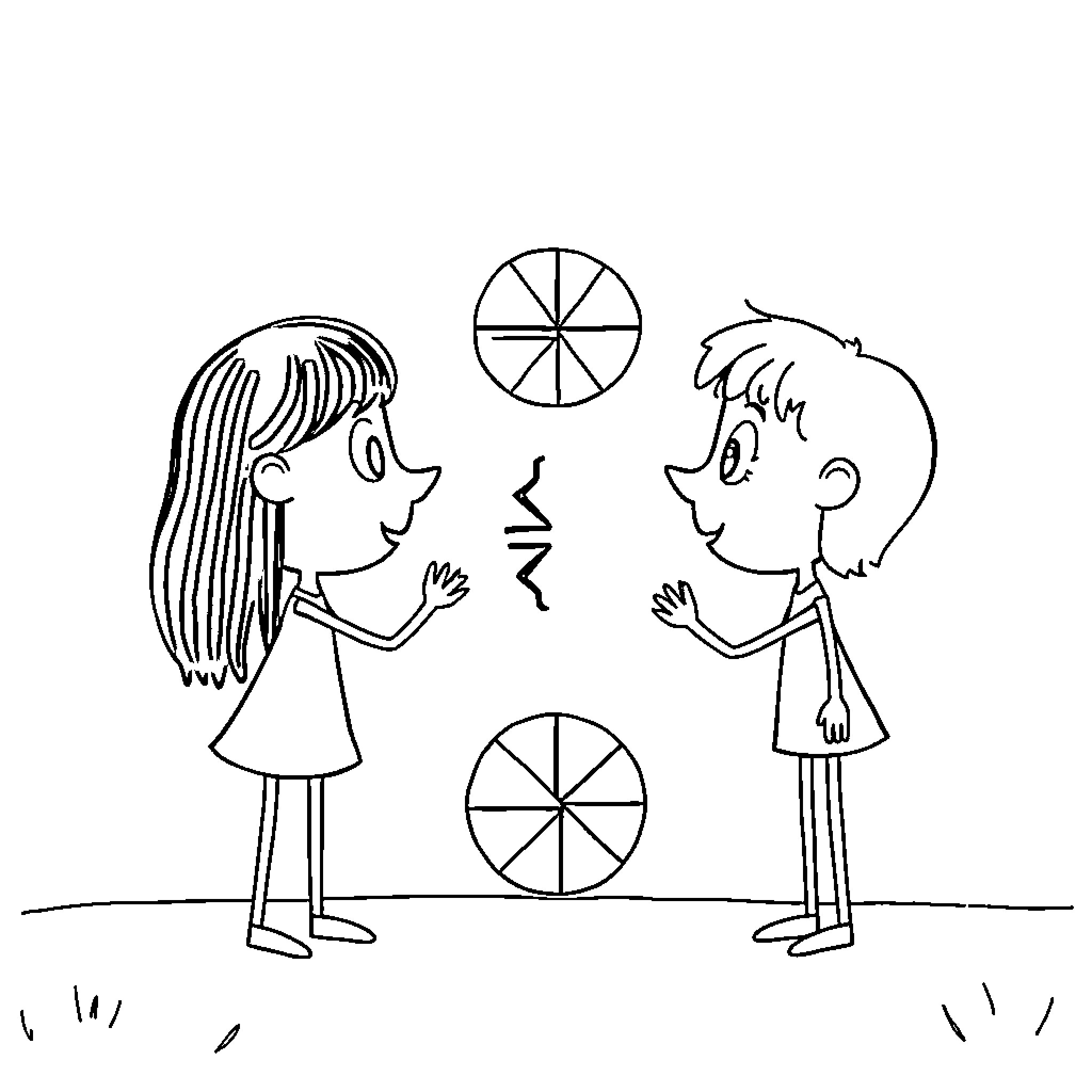 Fraction of Fun: Children Playing with Spinning Wheel Coloring Page (free black-and-white line drawing printable PDF for all, from beginners to advanced learners, including children, teens, adults, and seniors)