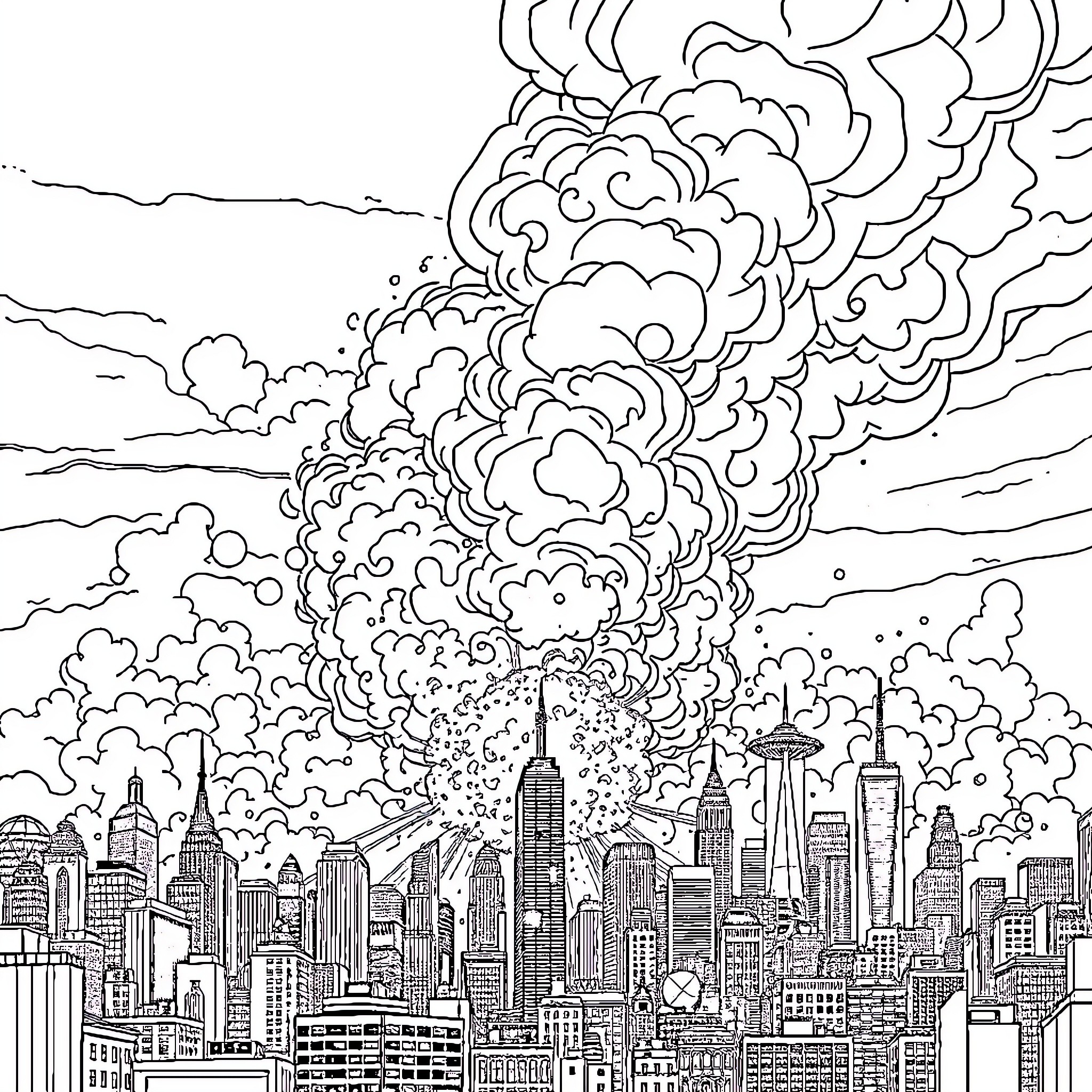 City under Dramatic Cloudy Sky Coloring Page (free black-and-white line drawing printable PDF for all, from beginners to advanced learners, including children, teens, adults, and seniors)