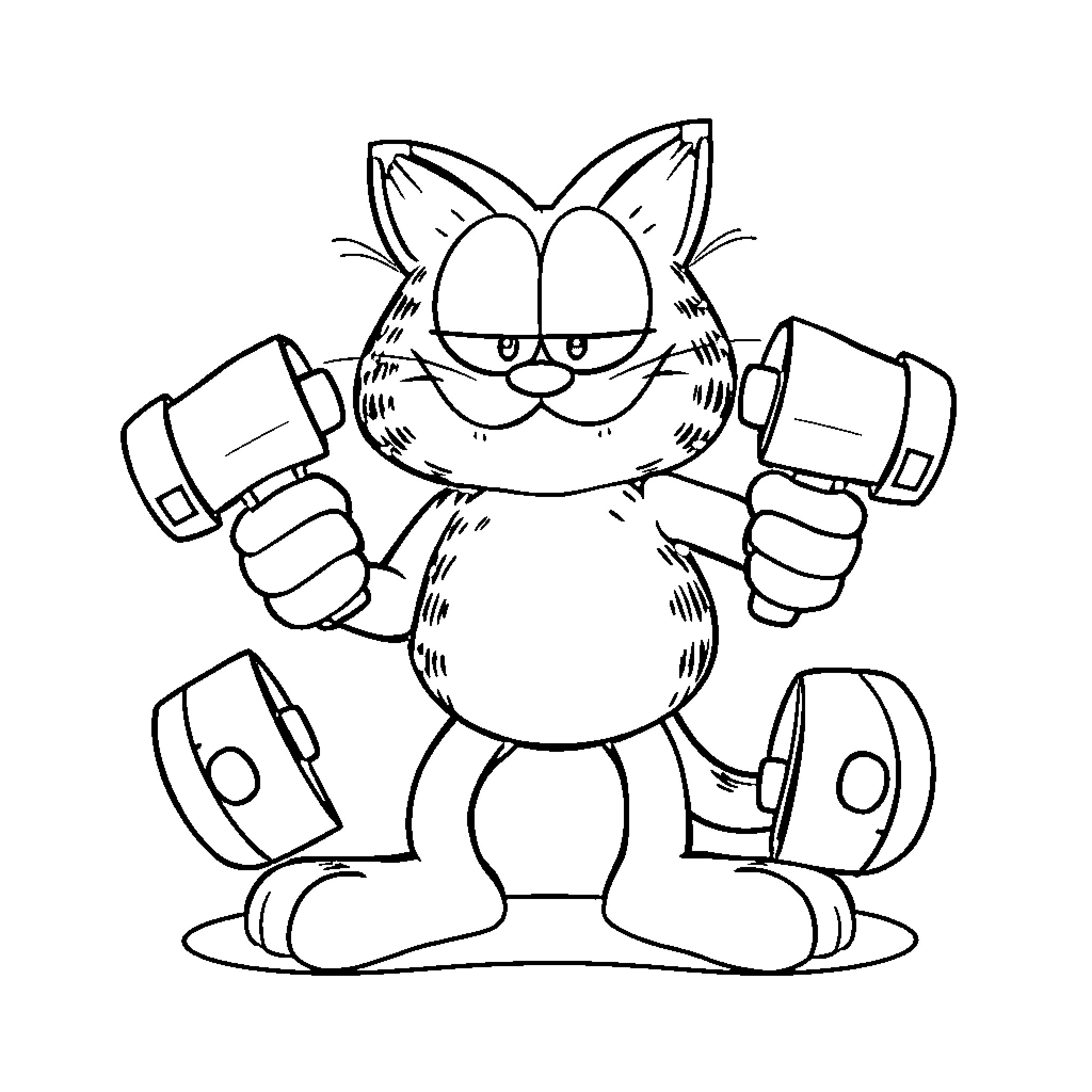 Garfield the Determined Cat with Power Tools Coloring Page (free black-and-white line drawing printable PDF for all, from beginners to advanced learners, including children, teens, adults, and seniors)