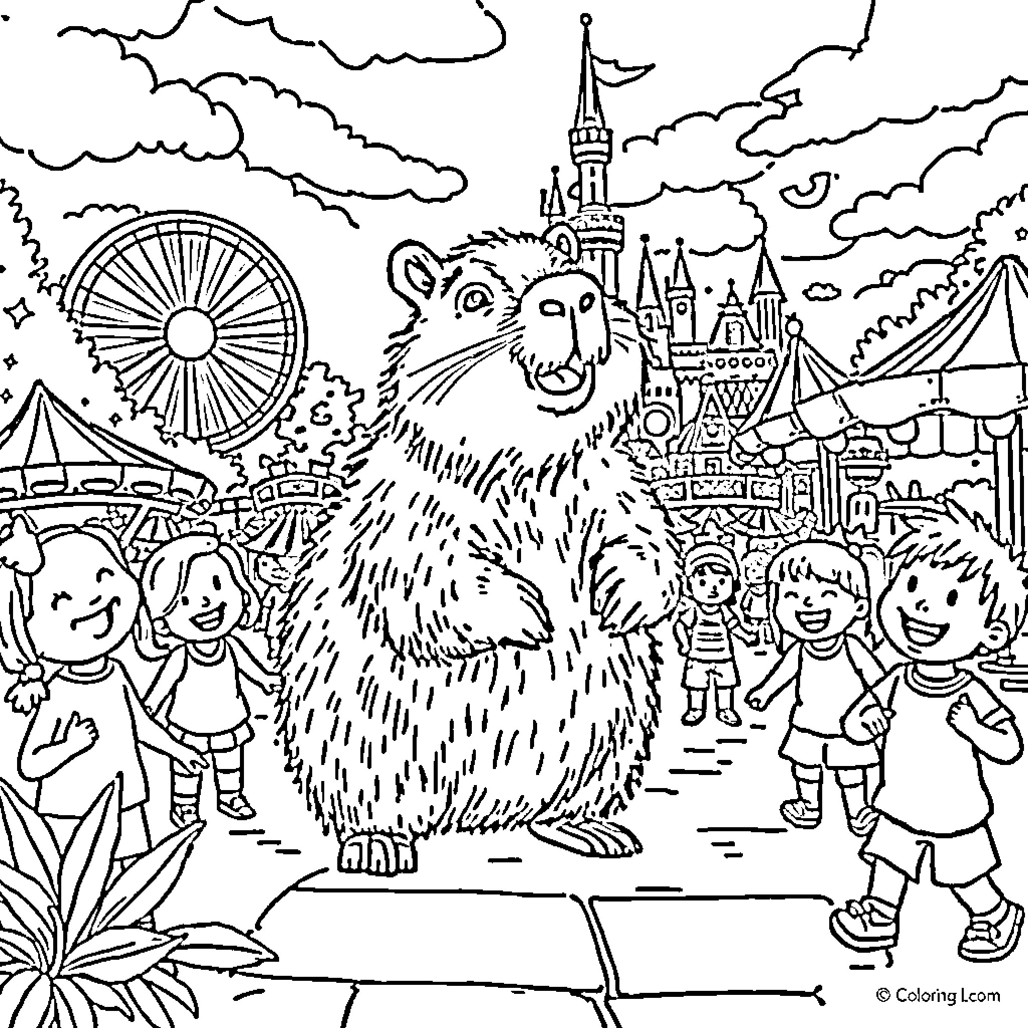 Capybara exploring a whimsical amusement park Coloring Page (free black-and-white line drawing printable PDF for all, from beginners to advanced learners, including children, teens, adults, and seniors)