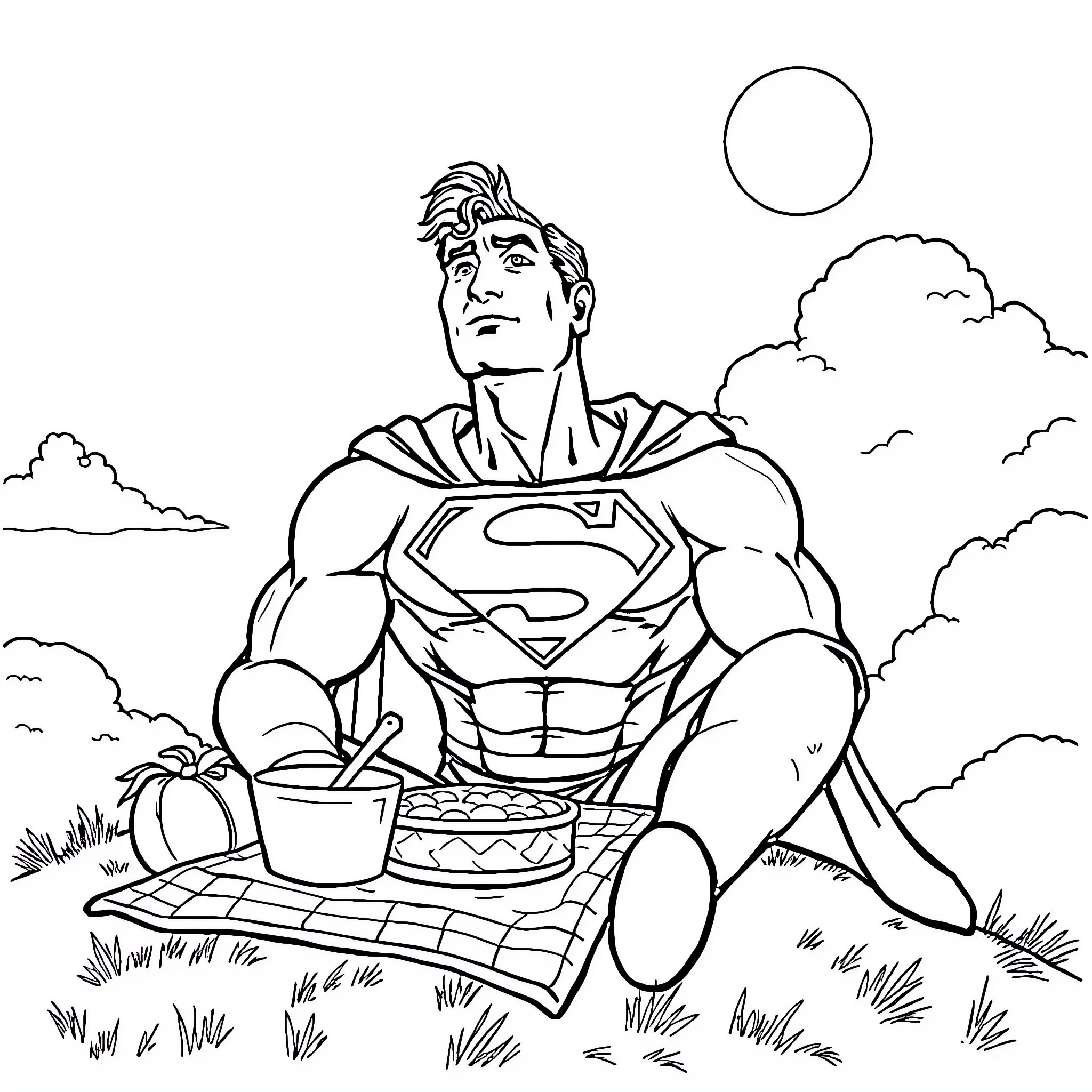 Superman enjoying a picnic in the park Coloring Page (free black-and-white line drawing printable PDF for all, from beginners to advanced learners, including children, teens, adults, and seniors)
