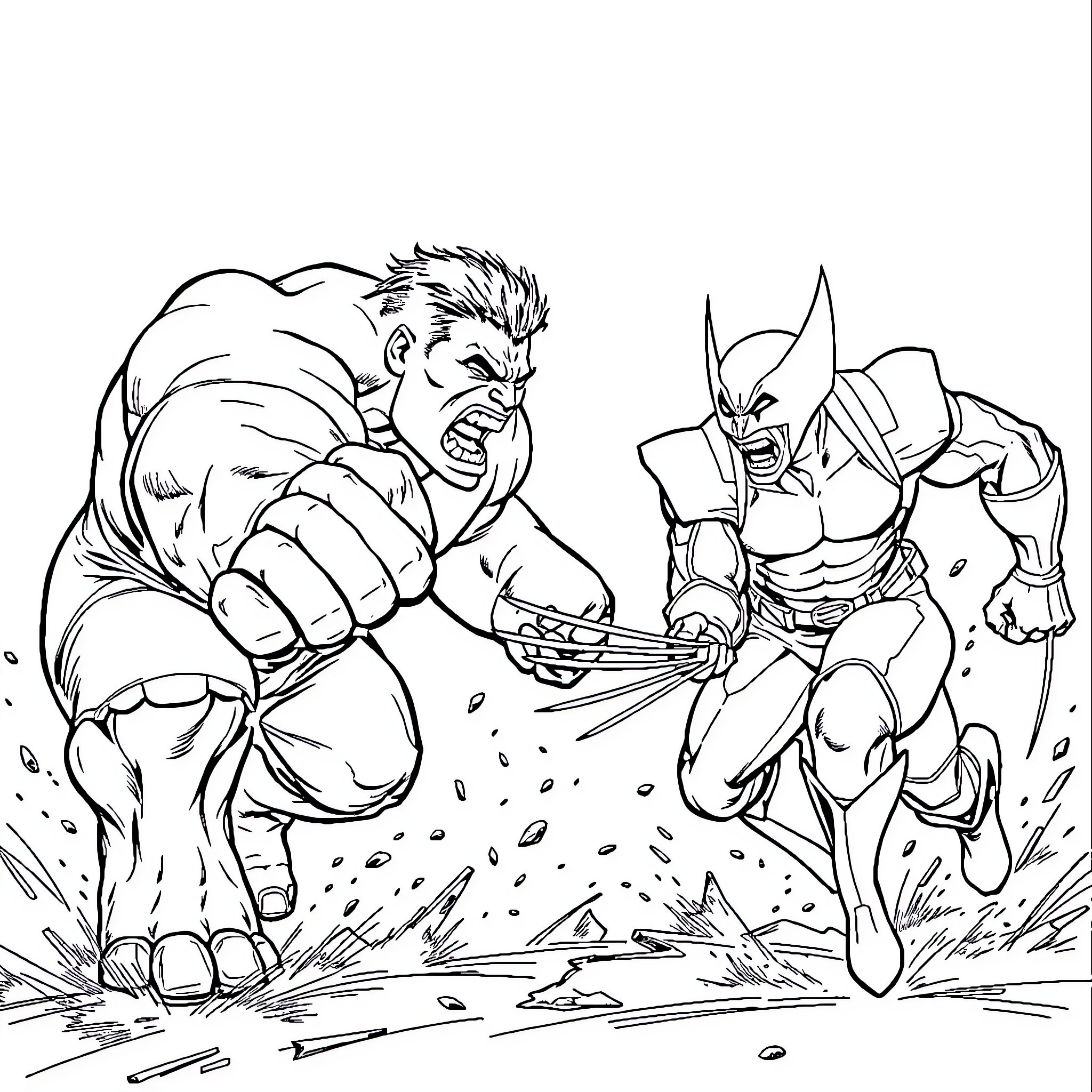 Hulk battling a masked warrior in a dynamic confrontation Coloring Page (free black-and-white line drawing printable PDF for all, from beginners to advanced learners, including children, teens, adults, and seniors)
