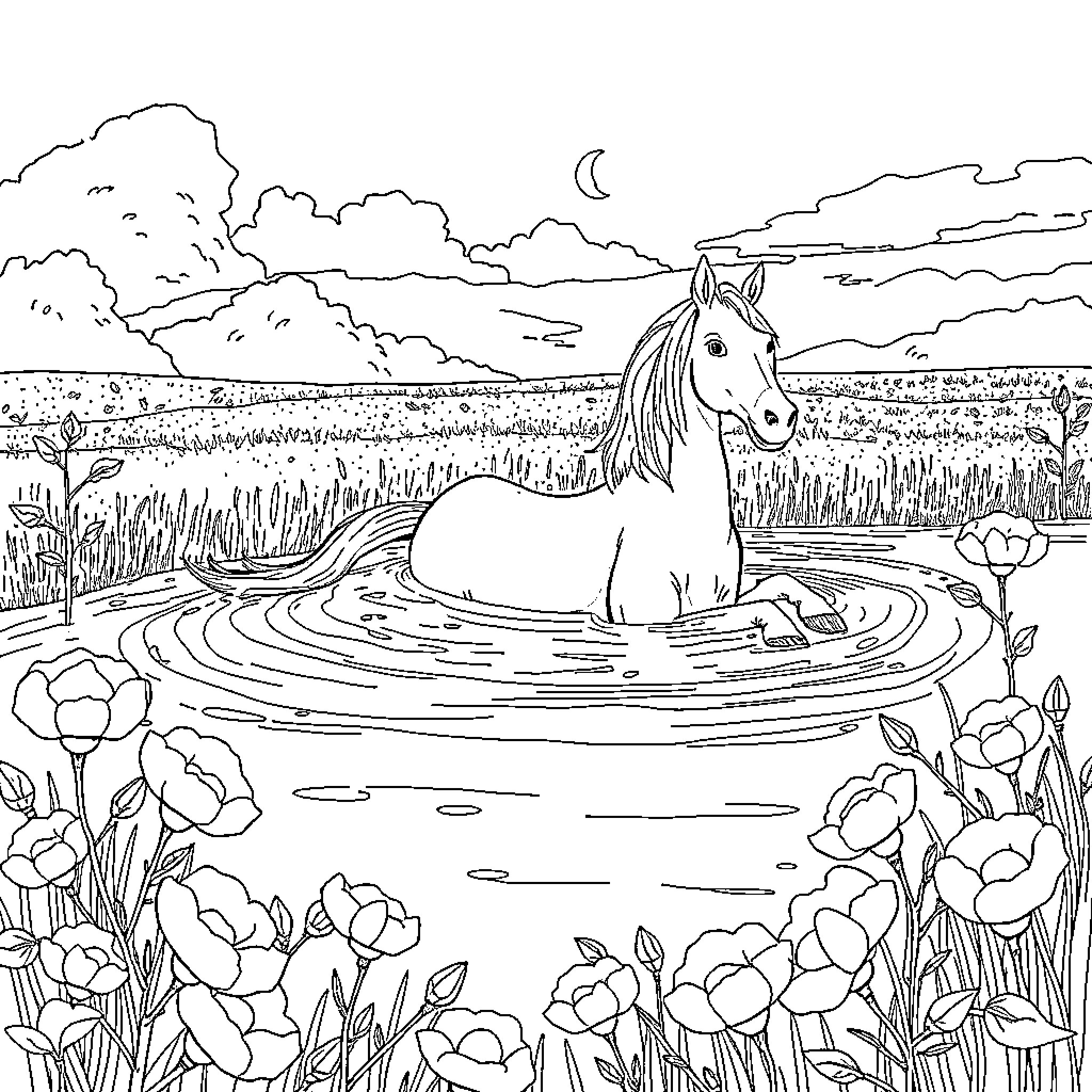 Otter relaxing in floral pond at night Coloring Page (free black-and-white line drawing printable PDF for all, from beginners to advanced learners, including children, teens, adults, and seniors)
