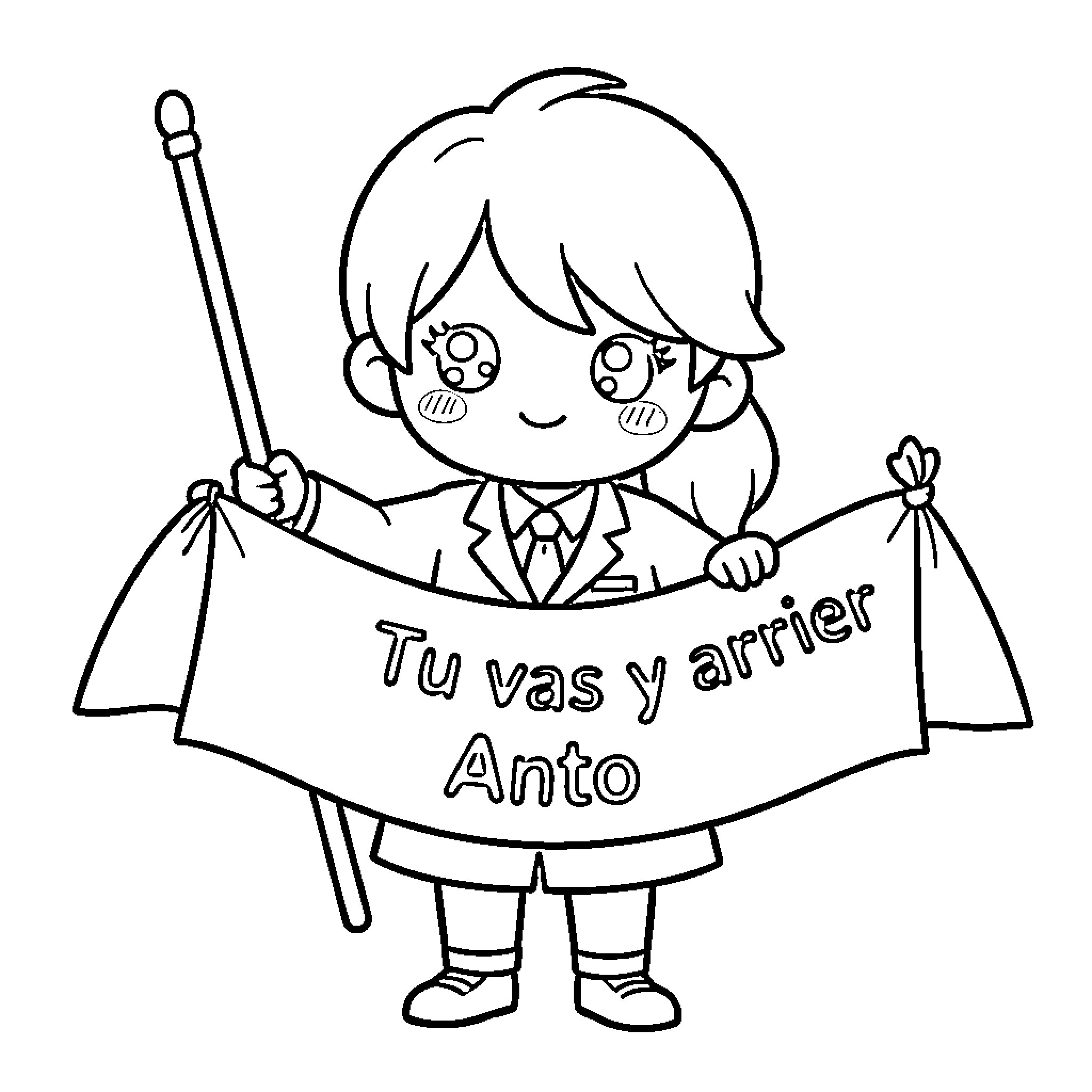 Personnage tenant une banderole avec un message Coloring Page (free black-and-white line drawing printable PDF for all, from beginners to advanced learners, including children, teens, adults, and seniors)