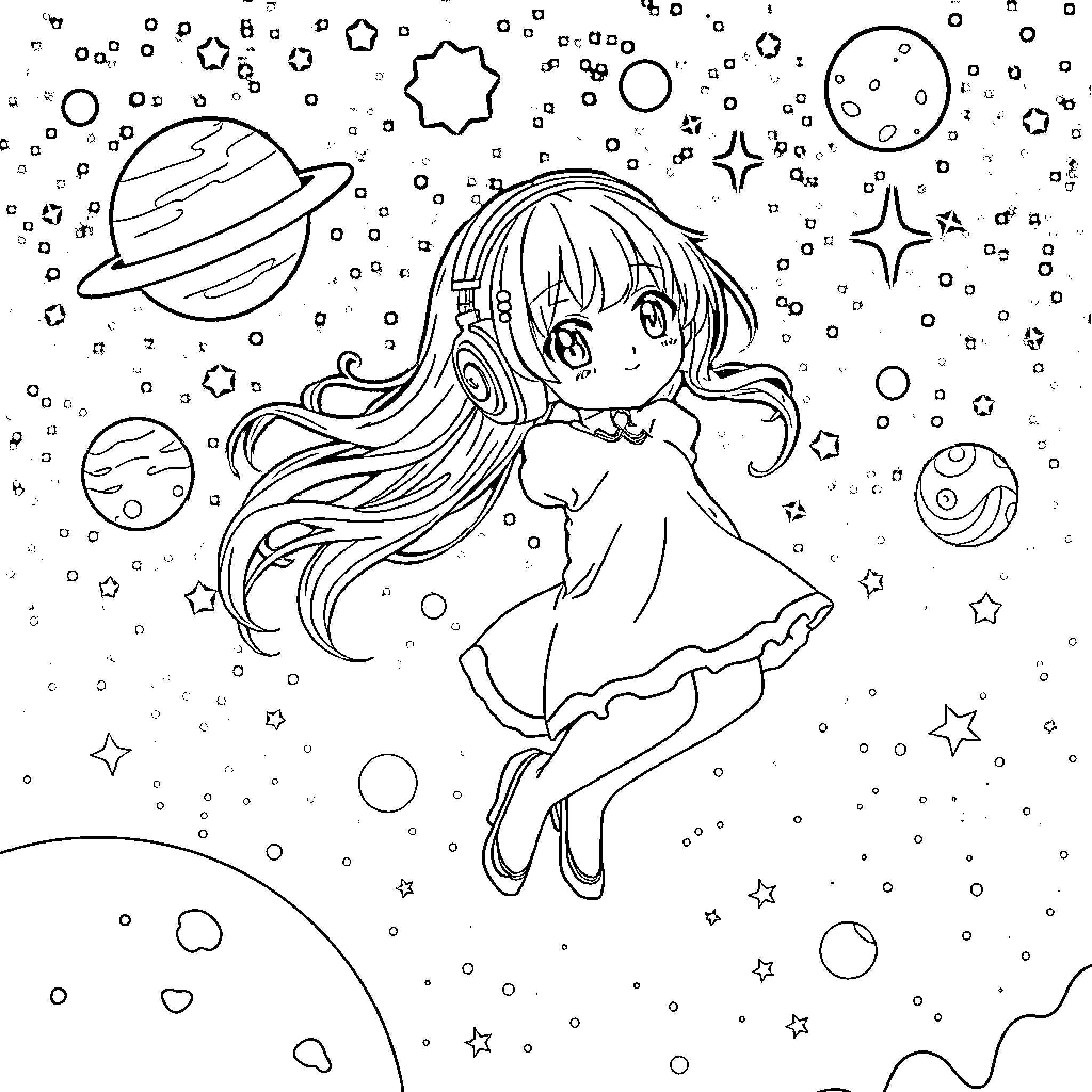 Anime Girl in Cosmic Dream Coloring Page (free black-and-white line drawing printable PDF for all, from beginners to advanced learners, including children, teens, adults, and seniors)