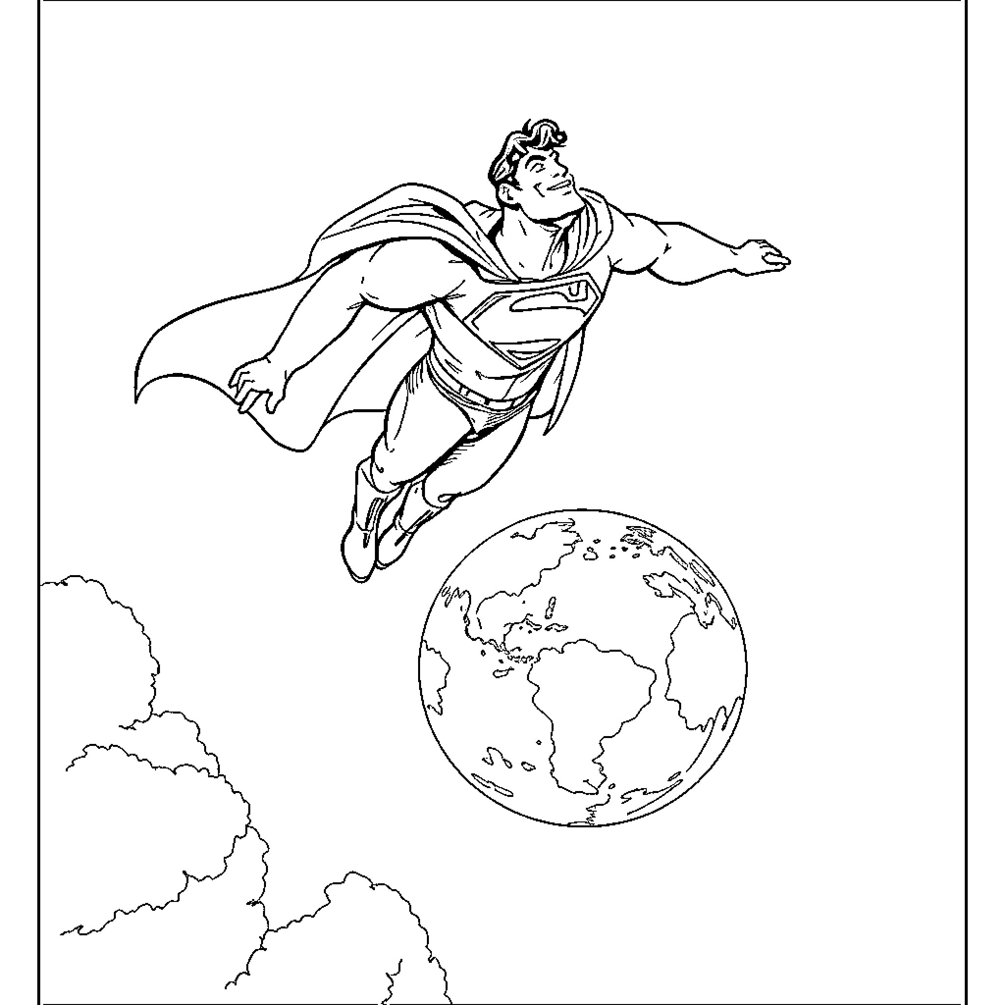 Superman Soaring over the Earth Coloring Page (free black-and-white line drawing printable PDF for all, from beginners to advanced learners, including children, teens, adults, and seniors)