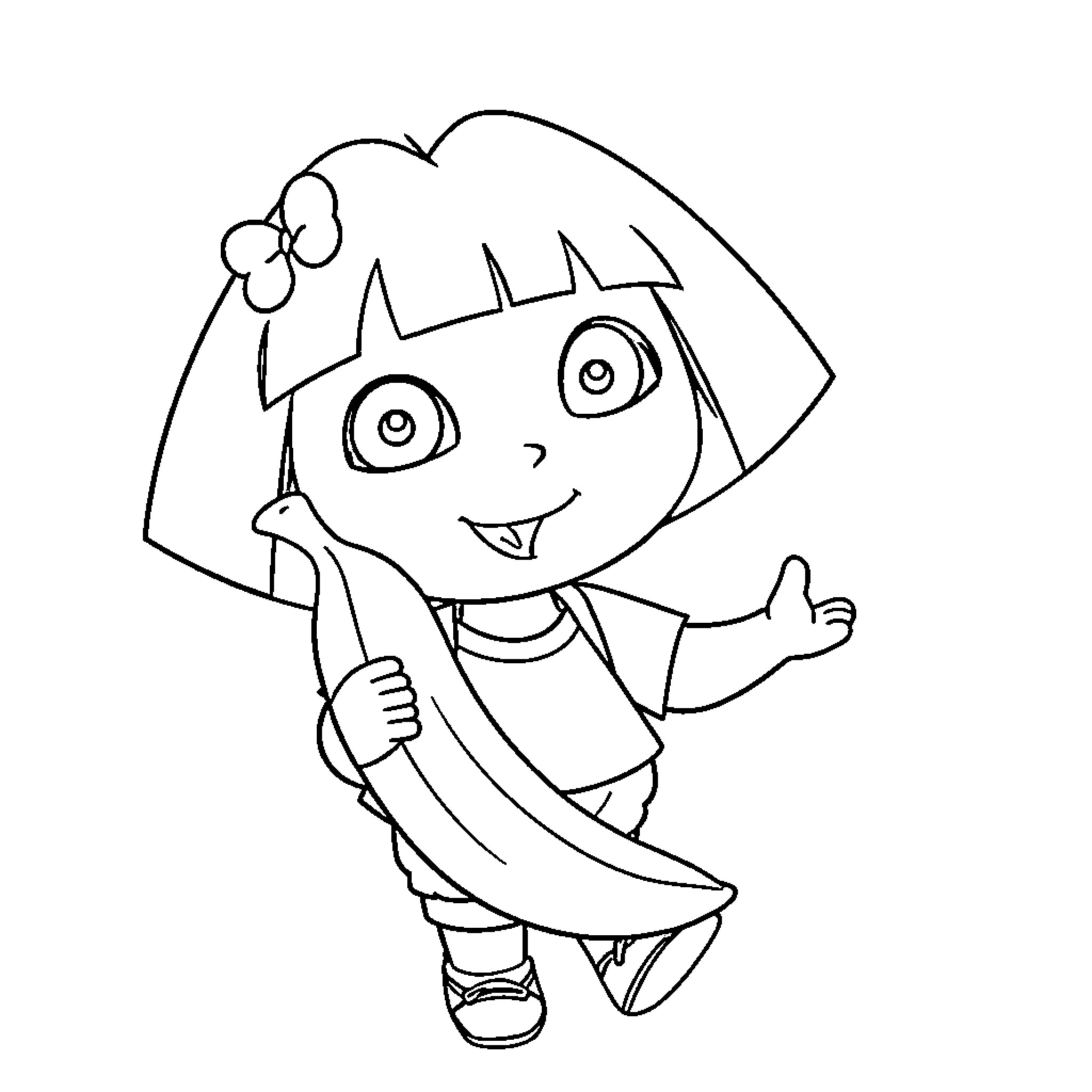 Dora Exploring Happily with Bananas Coloring Page (free black-and-white line drawing printable PDF for all, from beginners to advanced learners, including children, teens, adults, and seniors)