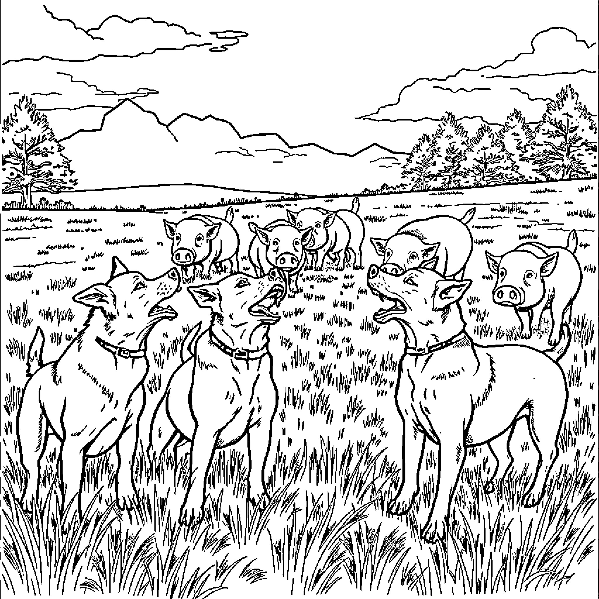 Dog pack frolicking in the countryside Coloring Page (free black-and-white line drawing printable PDF for all, from beginners to advanced learners, including children, teens, adults, and seniors)