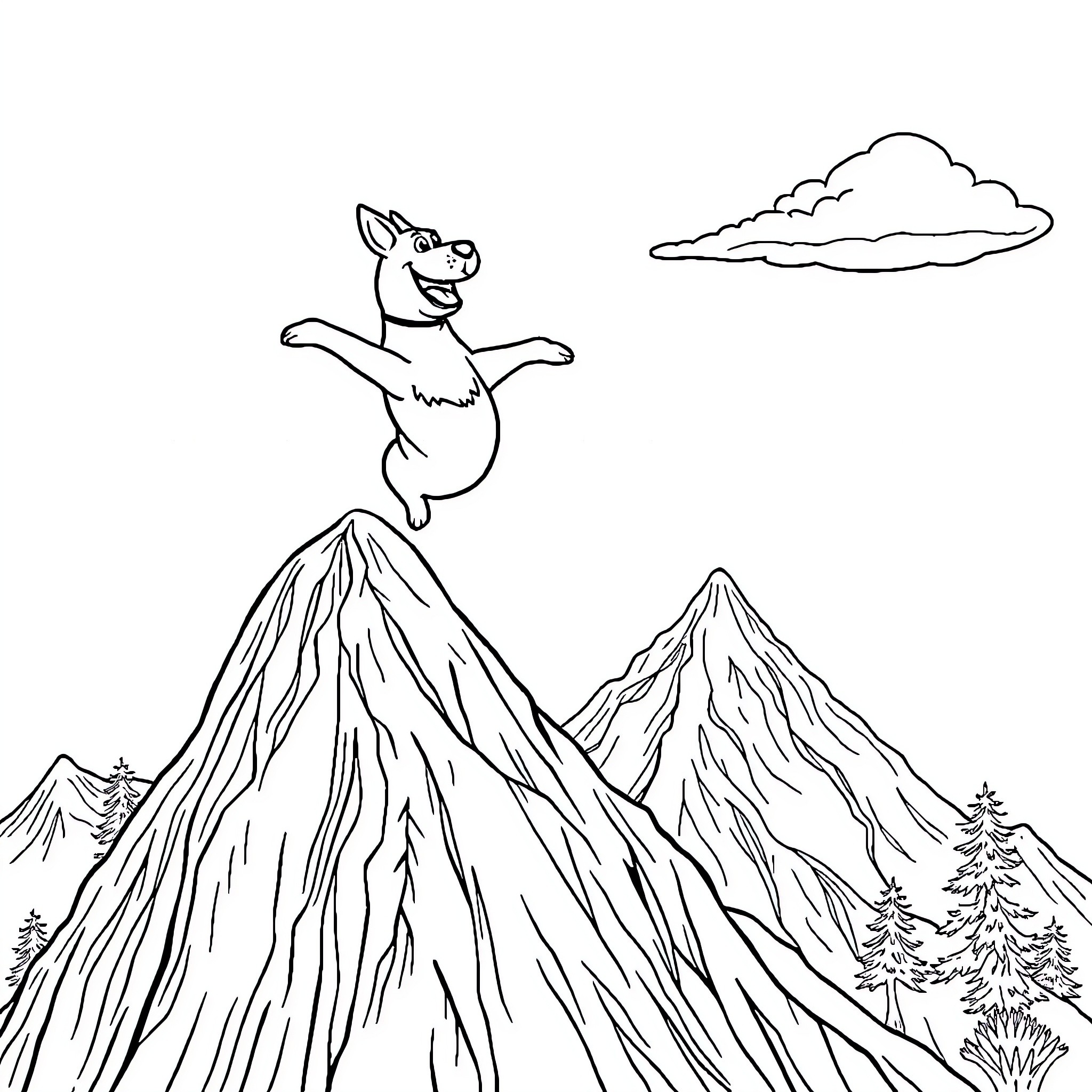 Dog jumping joyfully over mountain peaks Coloring Page (free black-and-white line drawing printable PDF for all, from beginners to advanced learners, including children, teens, adults, and seniors)