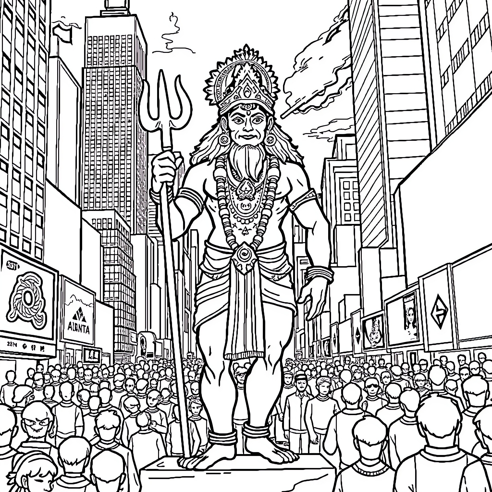 Hanuman stands tall in the bustling city Coloring Page (free black-and-white line drawing printable PDF for all, from beginners to advanced learners, including children, teens, adults, and seniors)