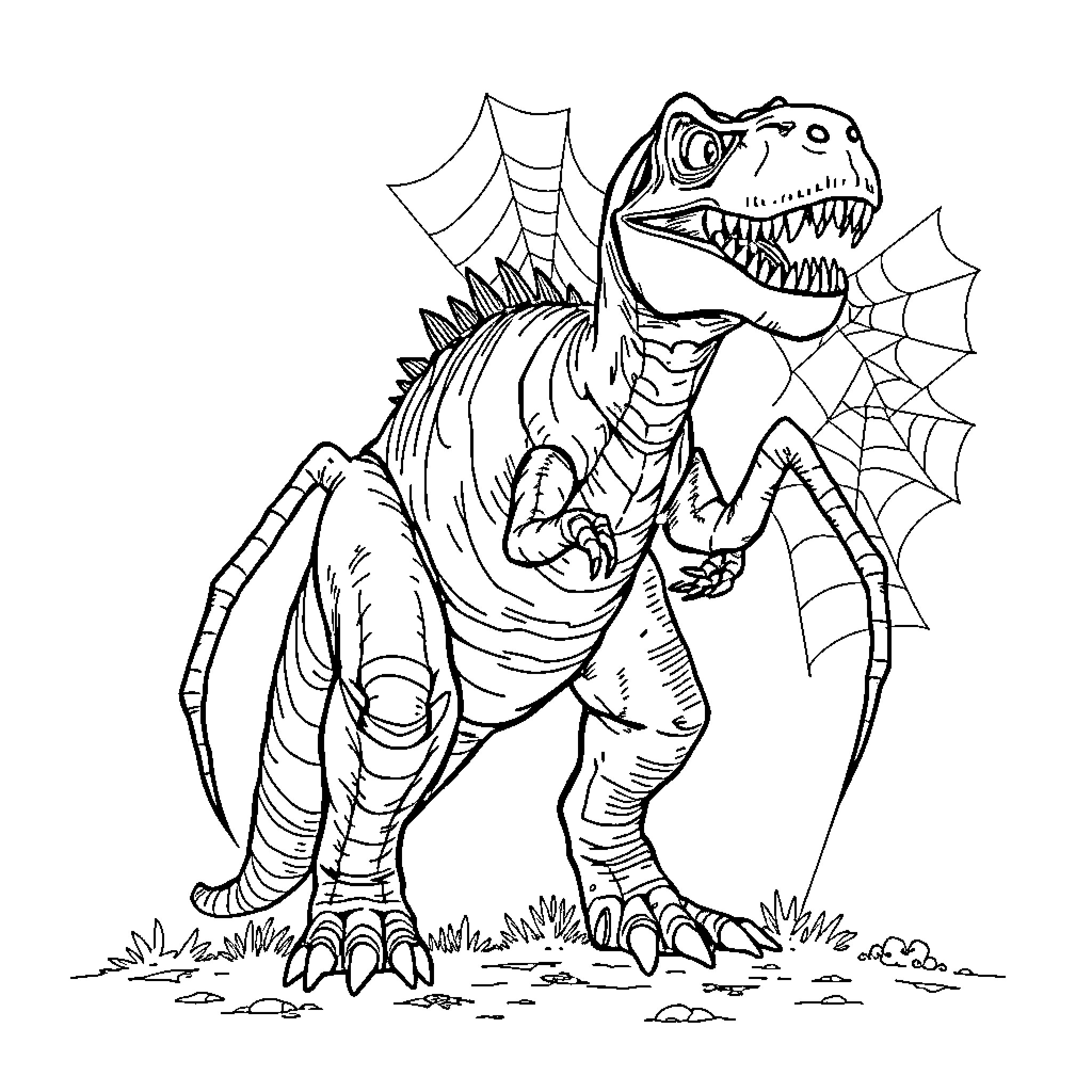 Spidey Rex Battles Adversaries in Imaginative Costume Coloring Page (free black-and-white line drawing printable PDF for all, from beginners to advanced learners, including children, teens, adults, and seniors)