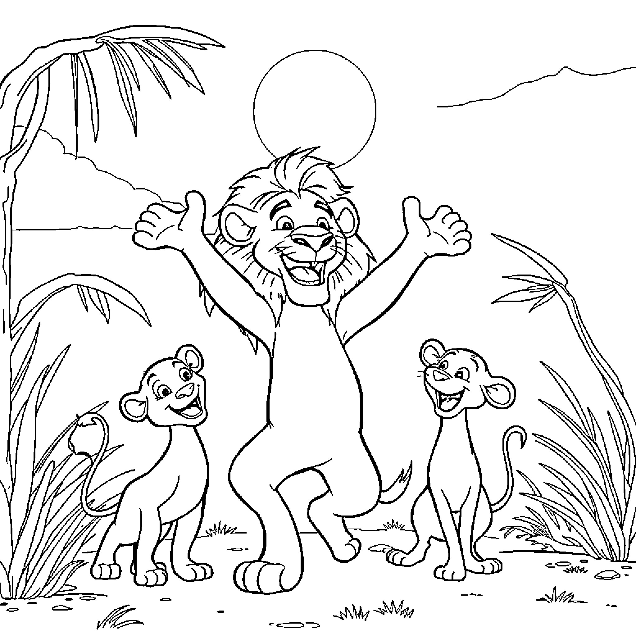 Alex enjoys playing with friends in the jungle Coloring Page (free black-and-white line drawing printable PDF for all, from beginners to advanced learners, including children, teens, adults, and seniors)