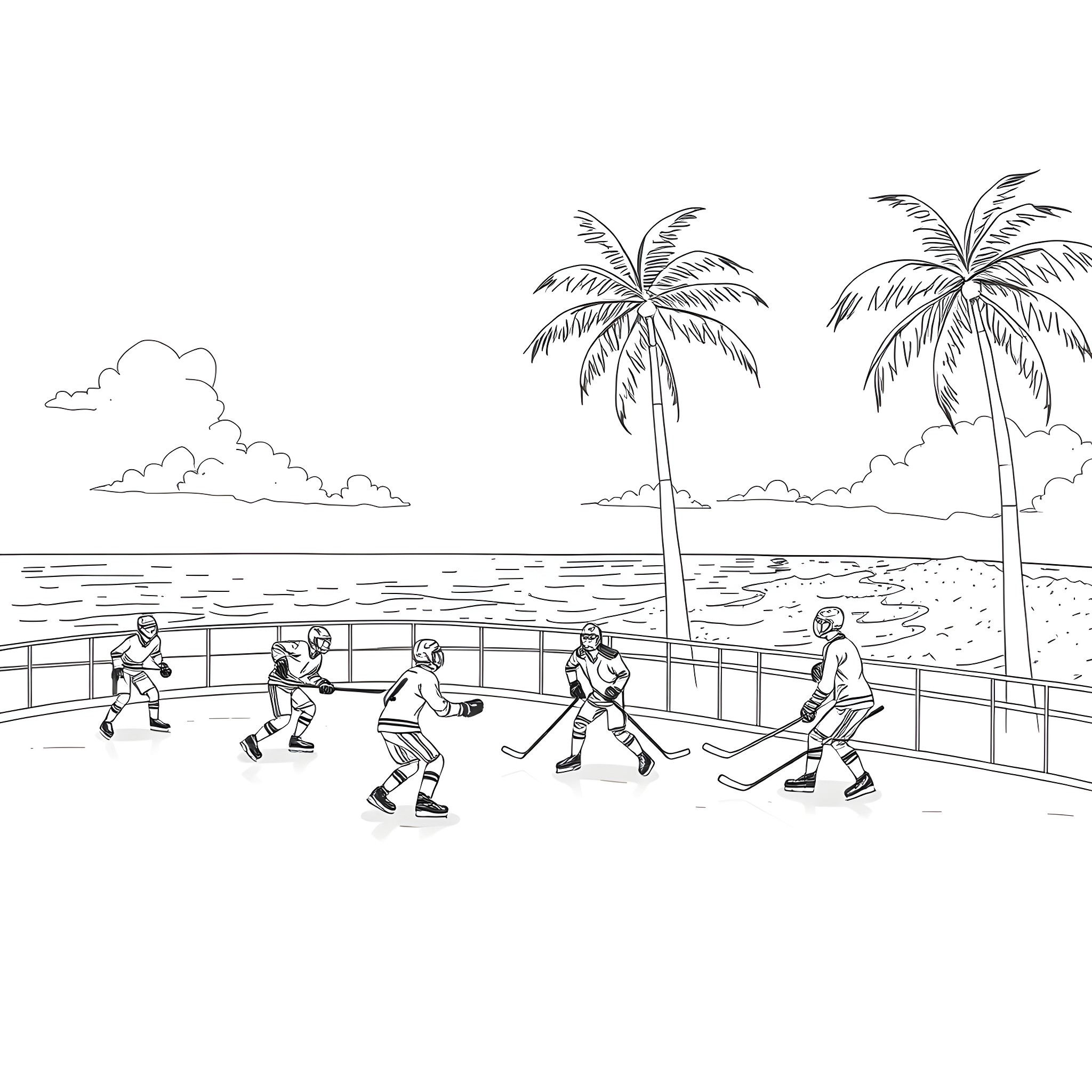 Ice Hockey Players on Tropical Beach Coloring Page (free black-and-white line drawing printable PDF for all, from beginners to advanced learners, including children, teens, adults, and seniors)