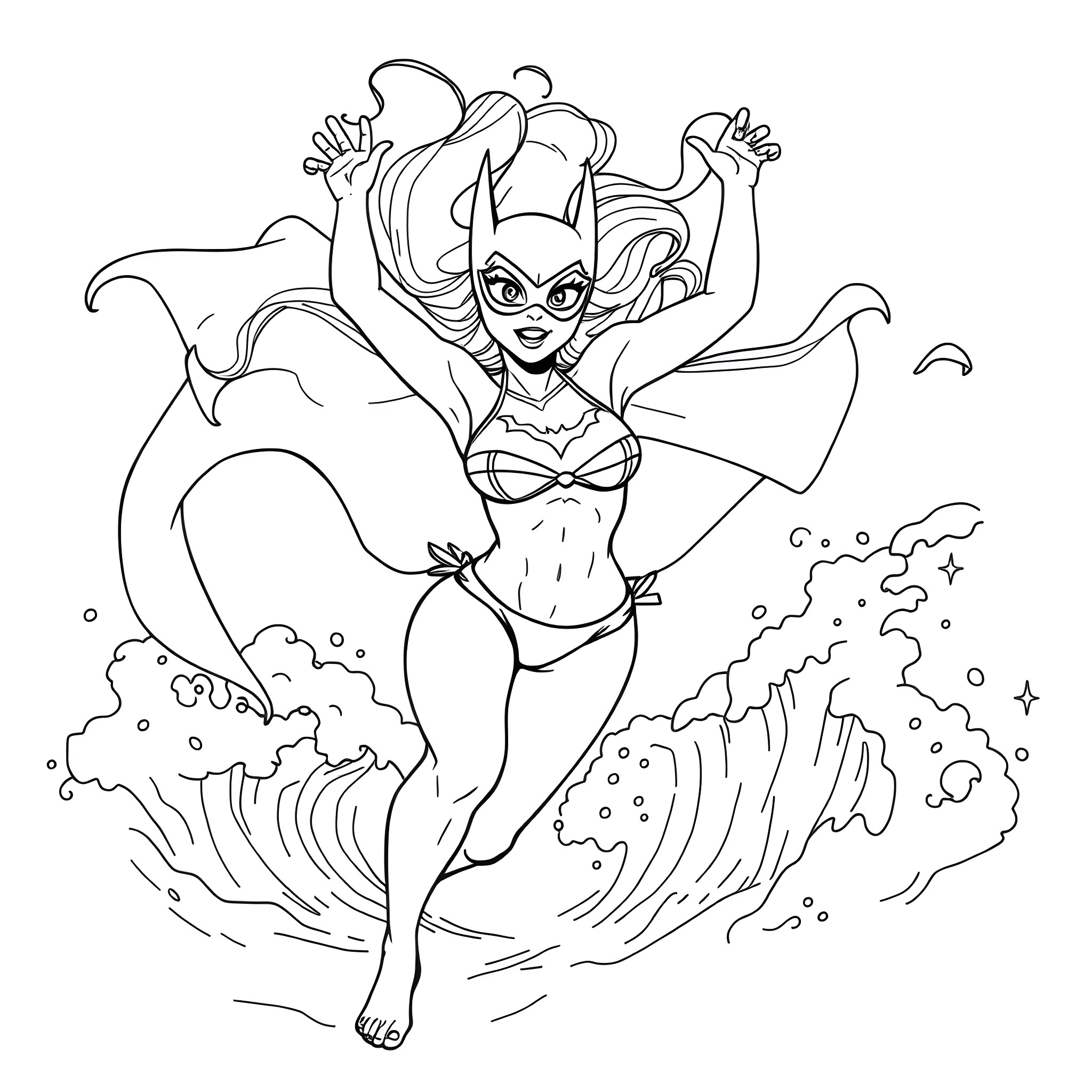 Batgirl taking action in the waves Coloring Page (free black-and-white line drawing printable PDF for all, from beginners to advanced learners, including children, teens, adults, and seniors)