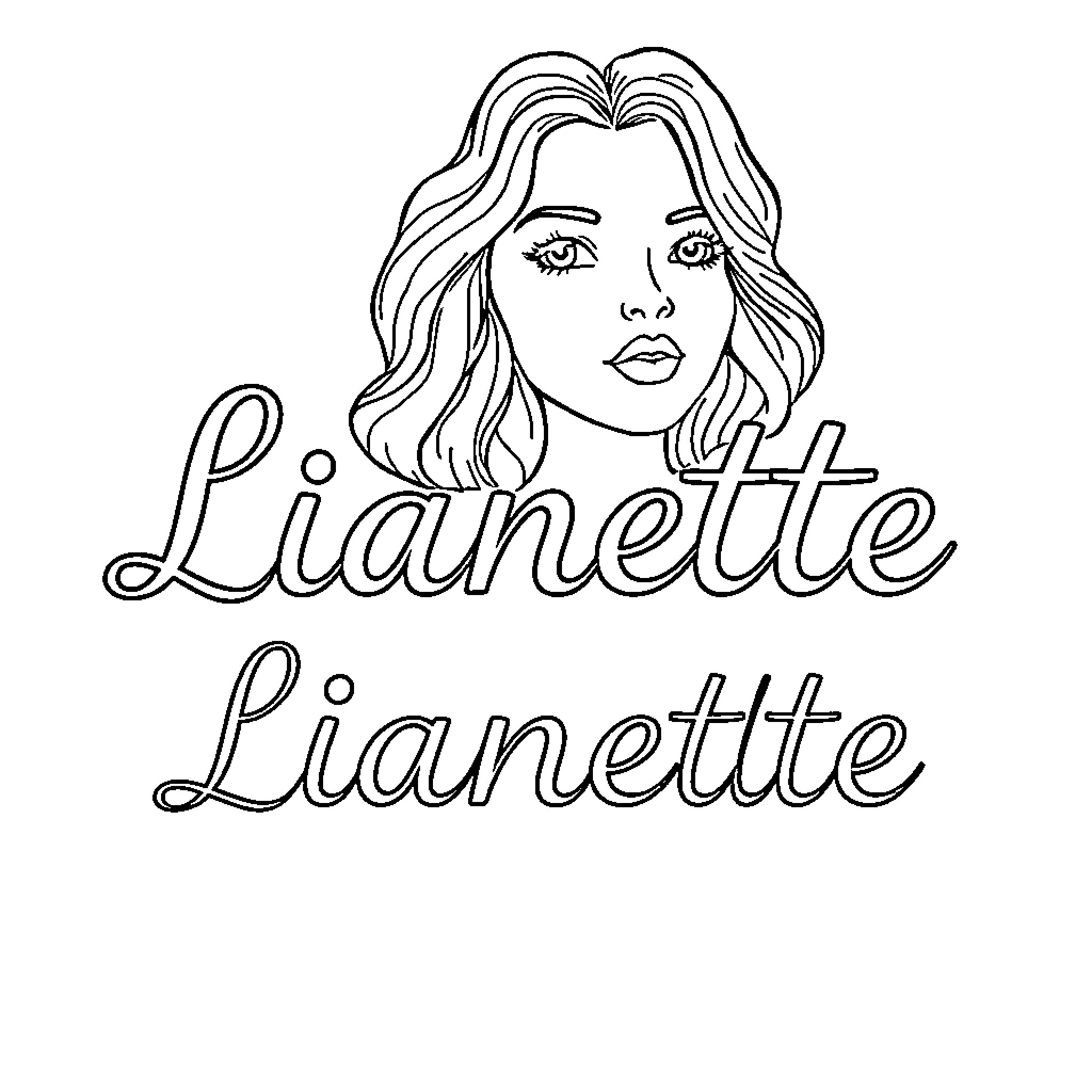 Name of stylized female figure with flowing hair Coloring Page (free black-and-white line drawing printable PDF for all, from beginners to advanced learners, including children, teens, adults, and seniors)