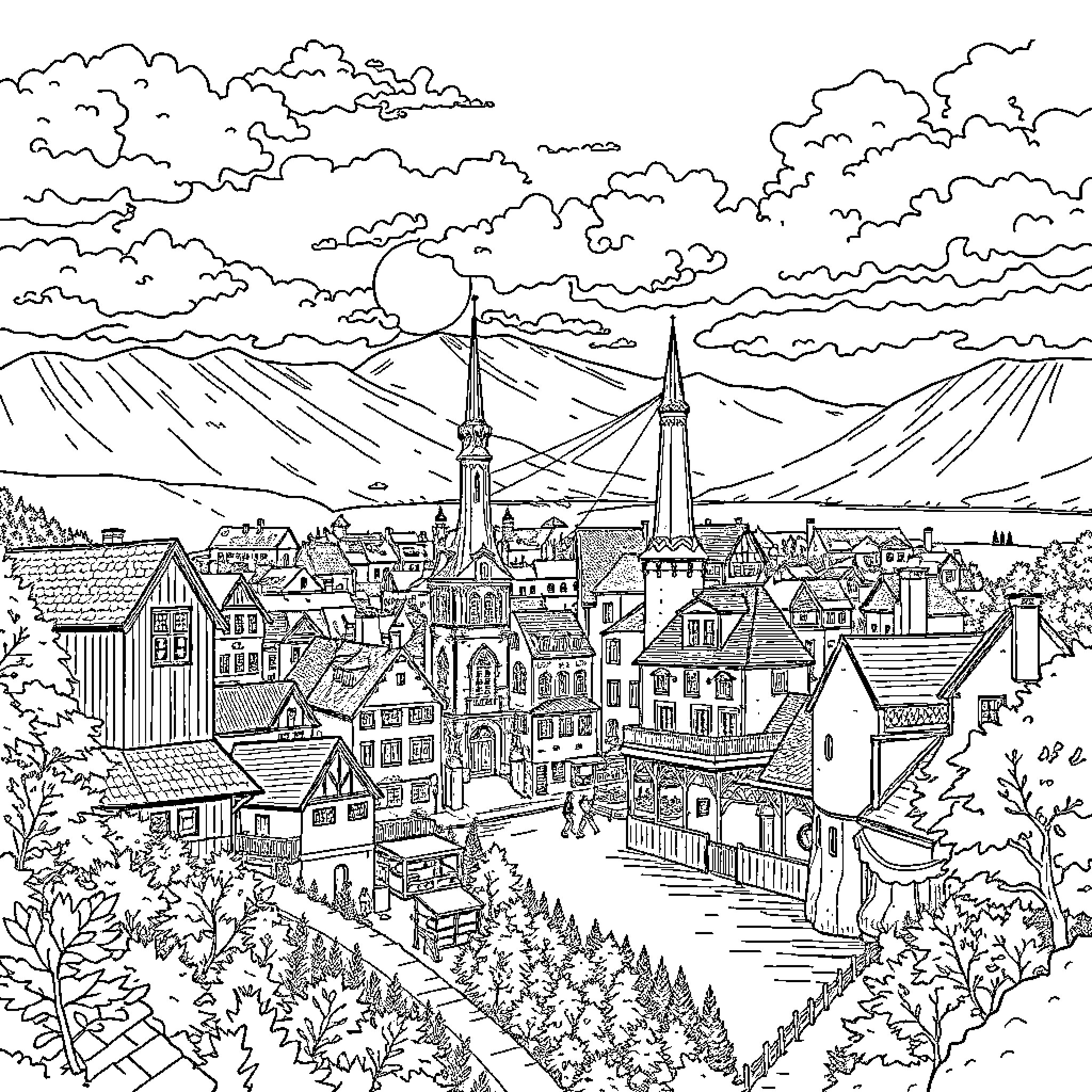 Sweden Scenic Urban Landscape with Buildings and Mountains Coloring Page (free black-and-white line drawing printable PDF for all, from beginners to advanced learners, including children, teens, adults, and seniors)