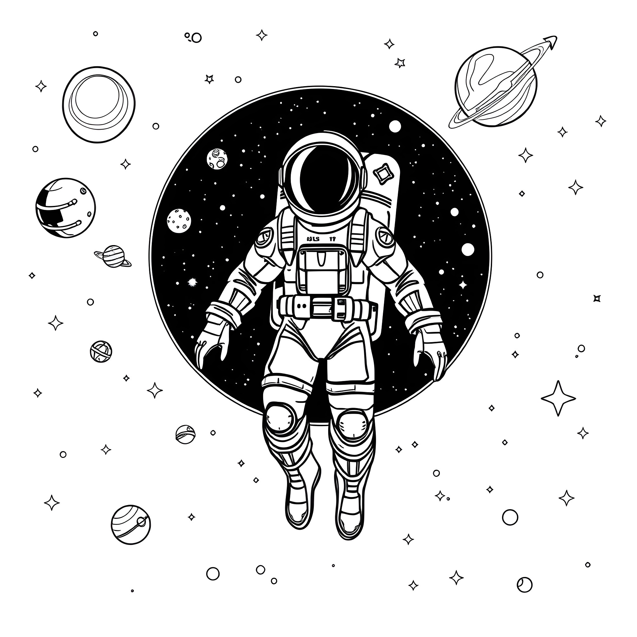 Superhero astronaut exploring the cosmic galaxy Coloring Page (free black-and-white line drawing printable PDF for all, from beginners to advanced learners, including children, teens, adults, and seniors)