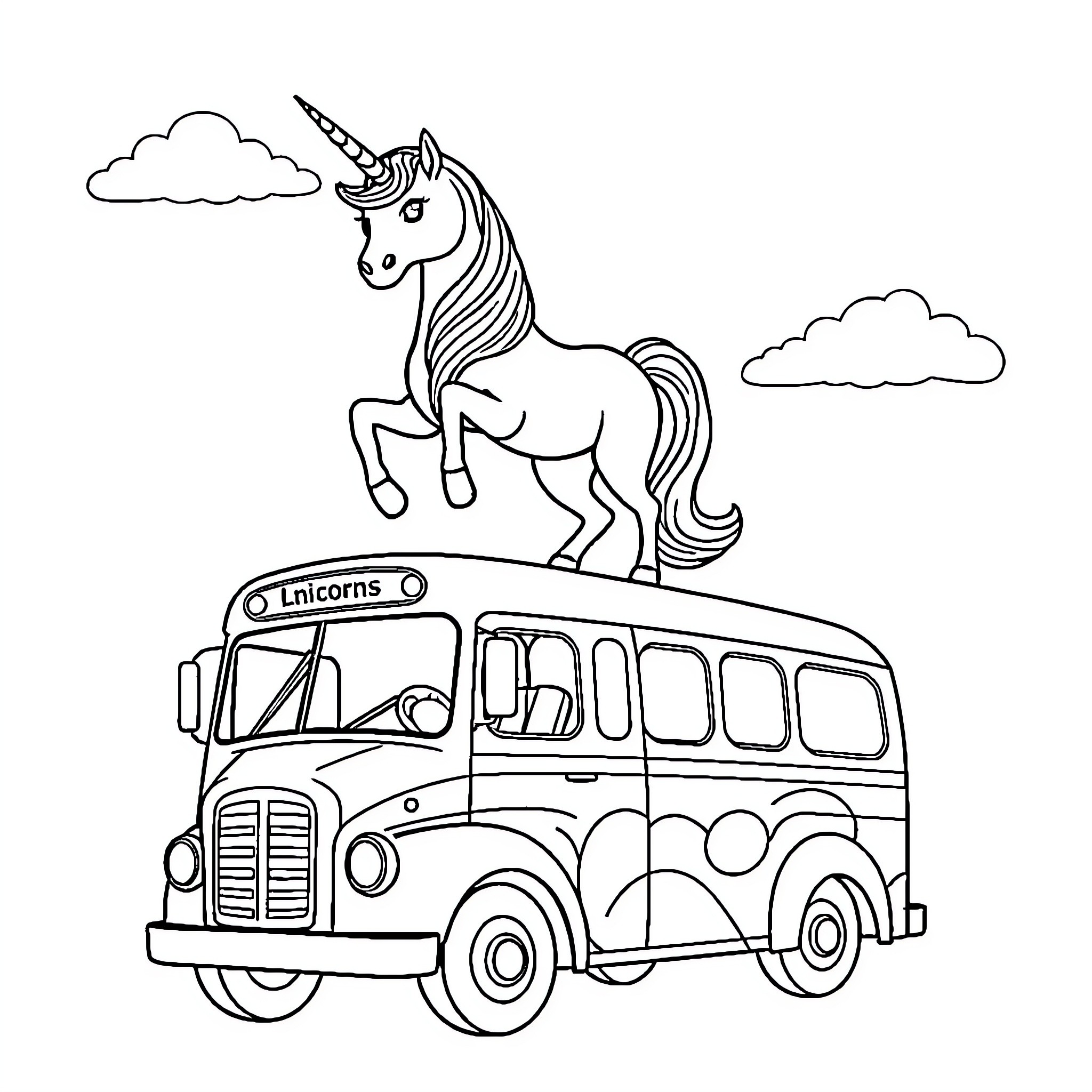Unicorn riding atop a colorful bus Coloring Page (free black-and-white line drawing printable PDF for all, from beginners to advanced learners, including children, teens, adults, and seniors)