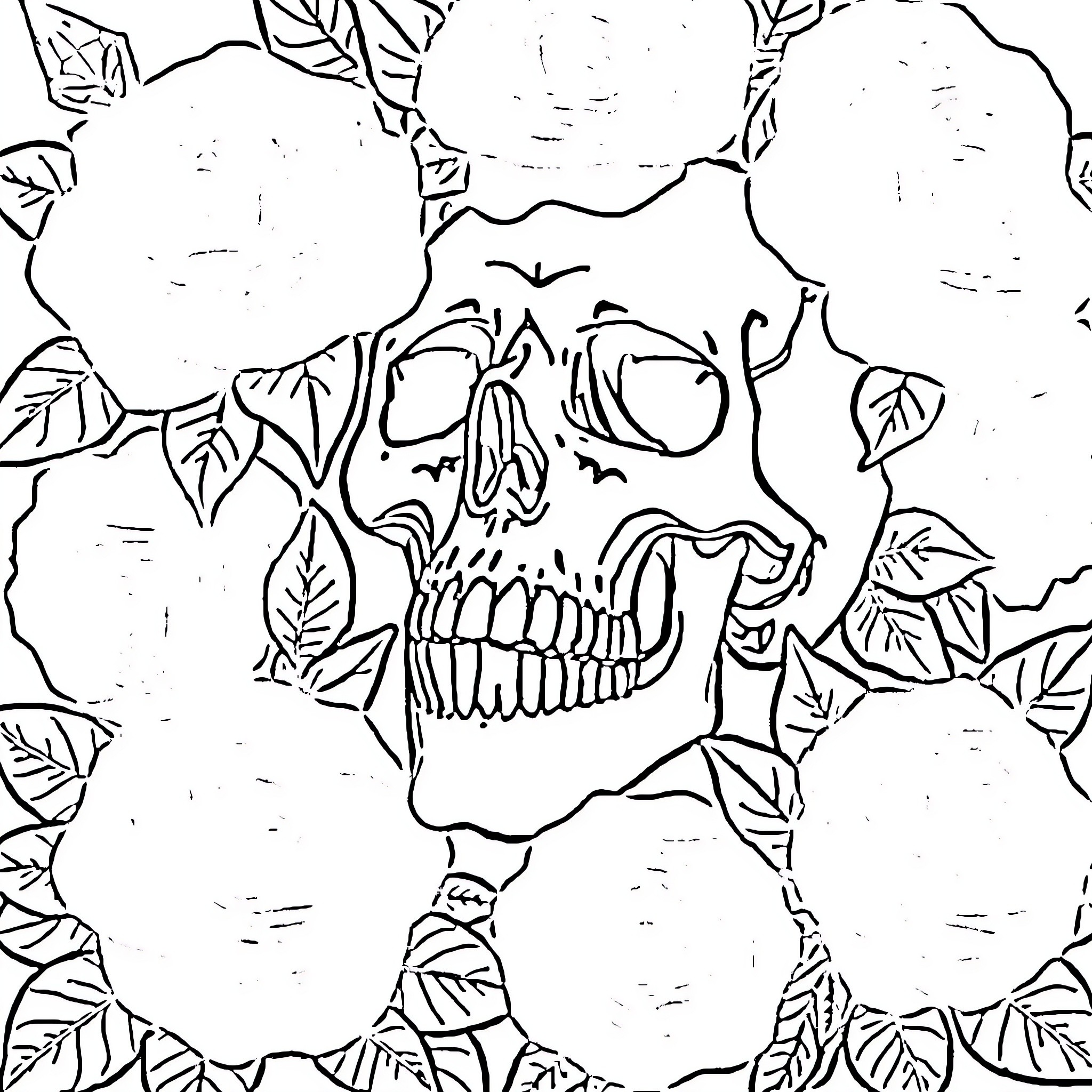 Skull surrounded by intricate leaf patterns Coloring Page (free black-and-white line drawing printable PDF for all, from beginners to advanced learners, including children, teens, adults, and seniors)