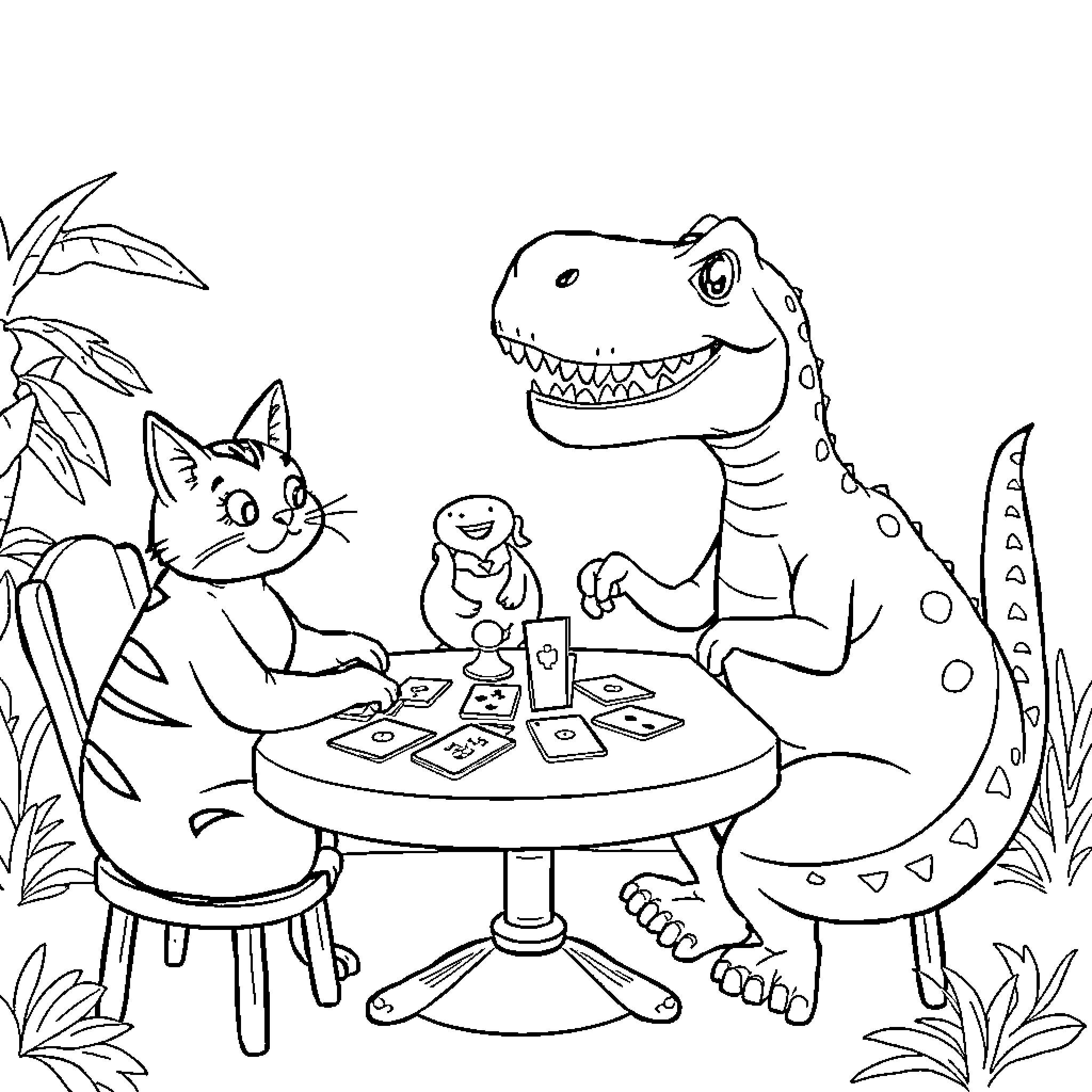 Chat with friends in the jungle setting Coloring Page (free black-and-white line drawing printable PDF for all, from beginners to advanced learners, including children, teens, adults, and seniors)