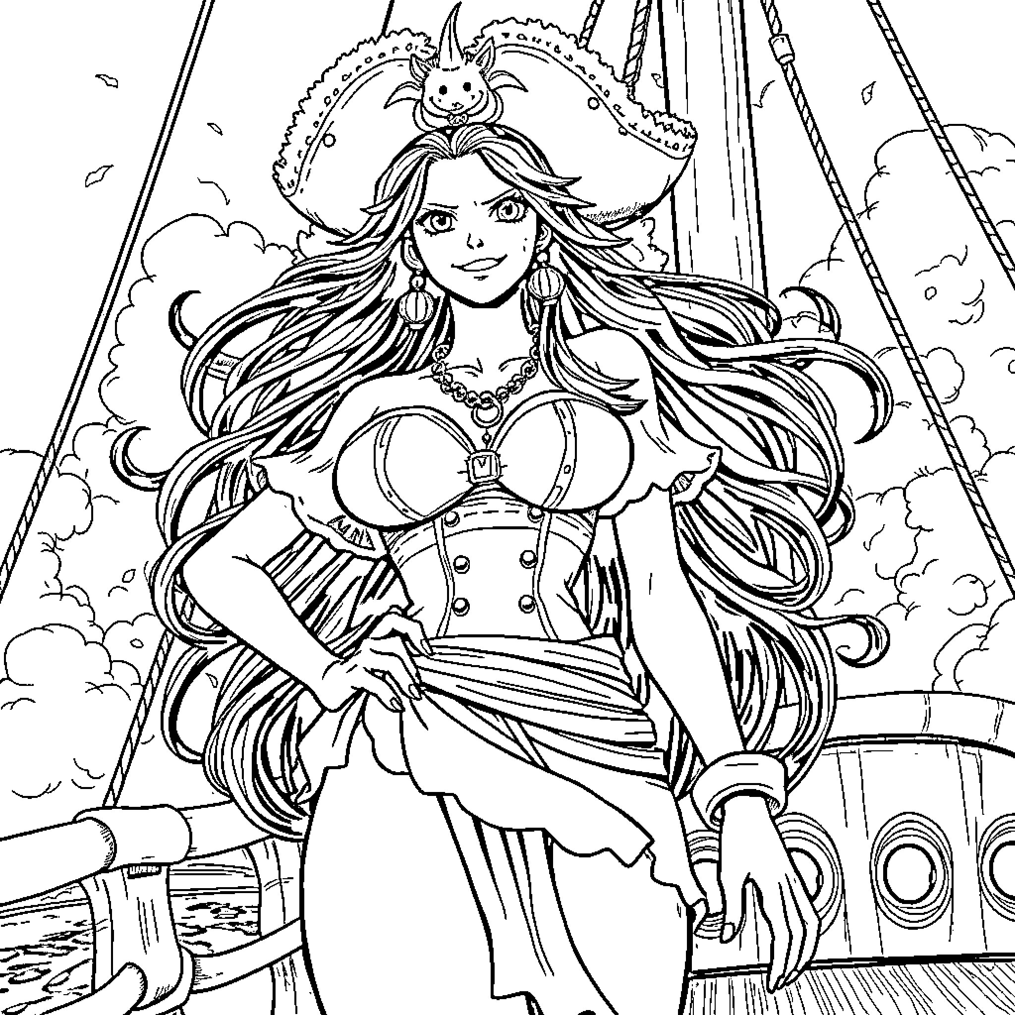 Boa Hancock in her iconic pirate outfit Coloring Page (free black-and-white line drawing printable PDF for all, from beginners to advanced learners, including children, teens, adults, and seniors)